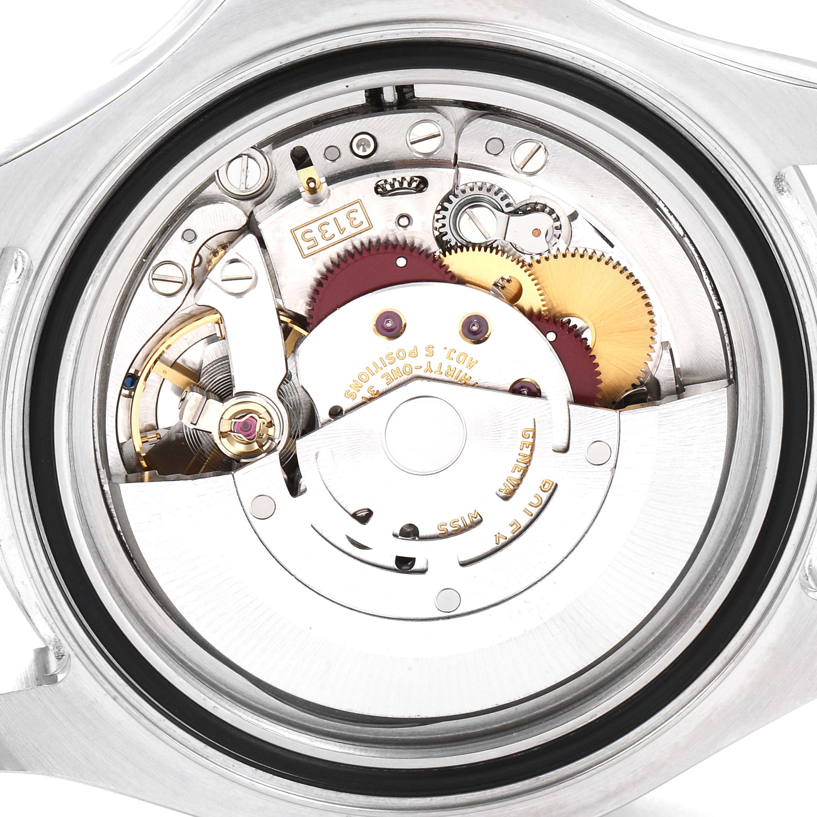This close-up image shows the movement and internal mechanism of a Rolex Yacht-Master 16622 Men
s Stainless Steel Silver Dial 16622 Men
s Stainless Steel Silver Dial watch from the backside.