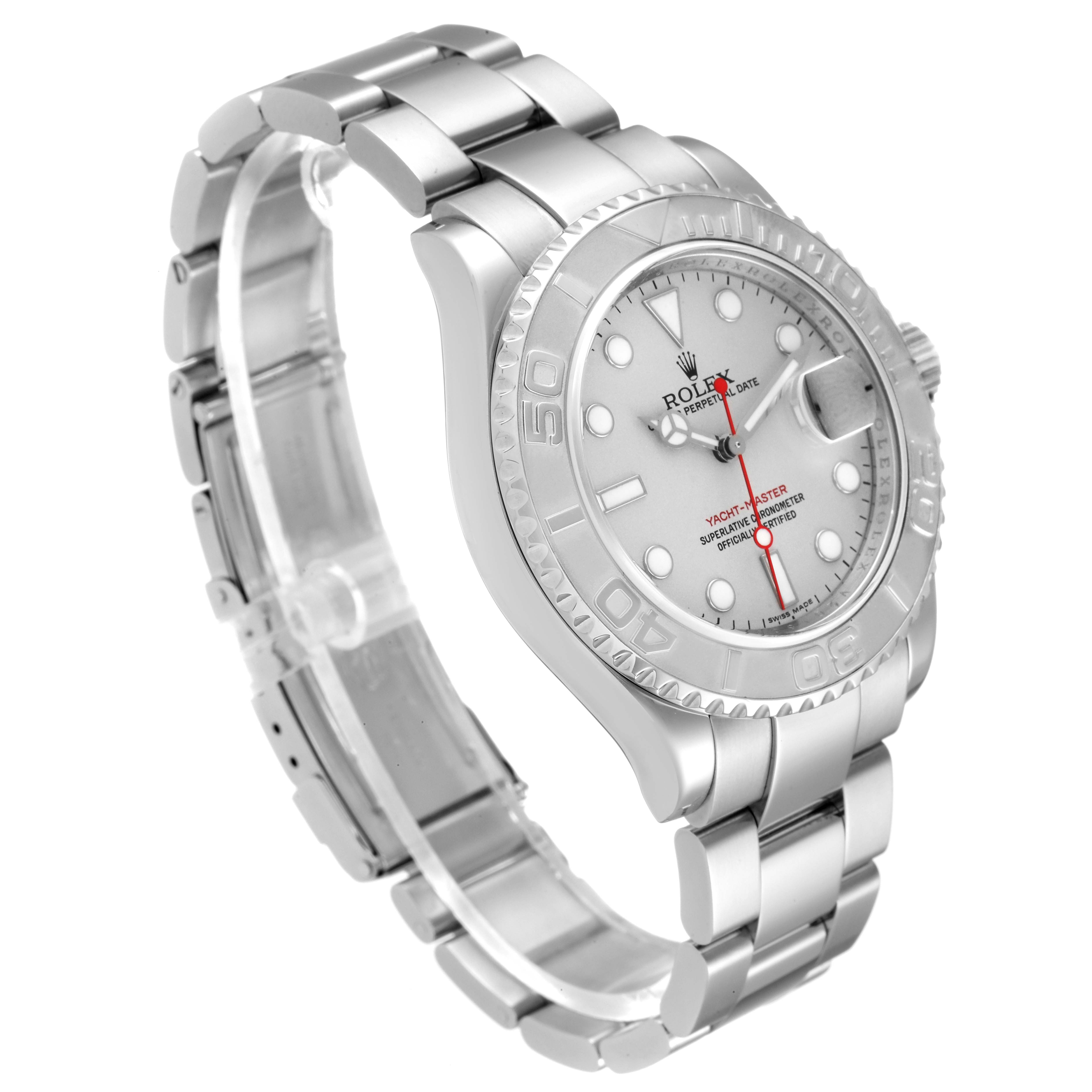 The Rolex Yacht-Master 16622 Men
s Stainless Steel Silver Dial 16622 Men
s Stainless Steel Silver Dial watch is shown at a slight angle, displaying the face, bezel, and part of the bracelet.