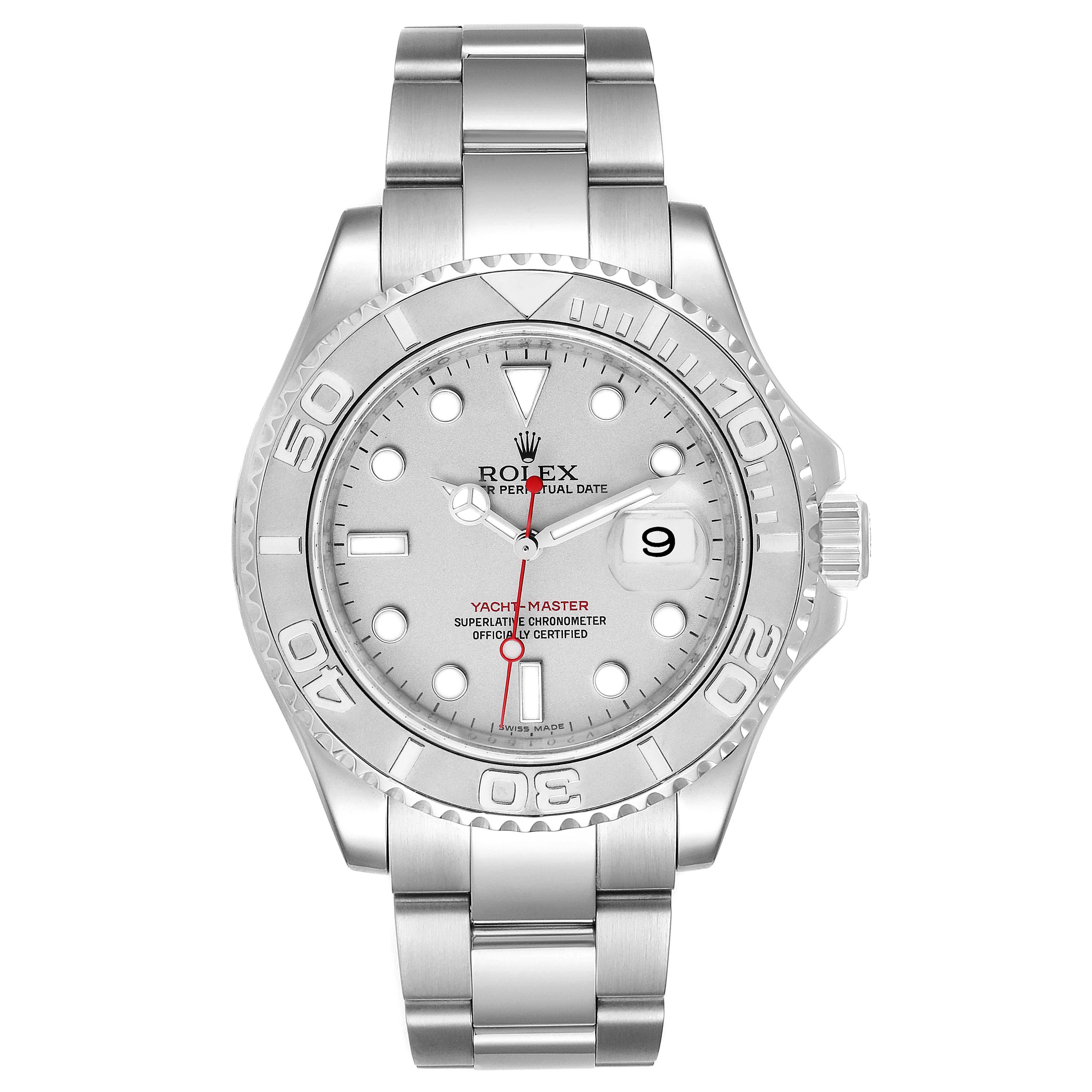 The Rolex Yacht-Master 16622 Men
s Stainless Steel Silver Dial 16622 Men
s Stainless Steel Silver Dial watch is shown from the front, displaying its dial, hands, bezel, and bracelet.