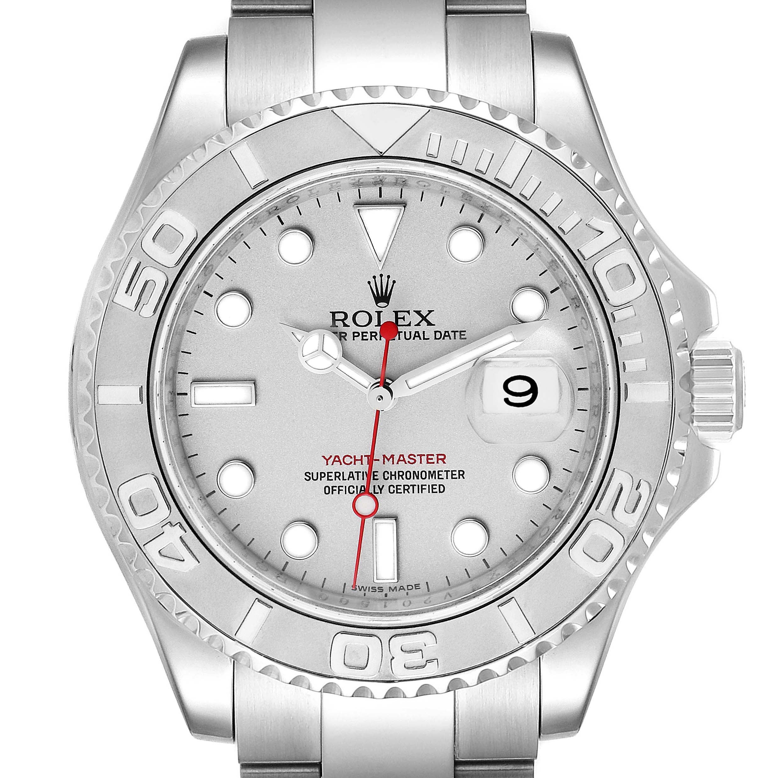 This Rolex Yacht-Master 16622 Men
s Stainless Steel Silver Dial 16622 Men
s Stainless Steel Silver Dial watch is shown from a front angle, highlighting the dial, bezel, and bracelet.