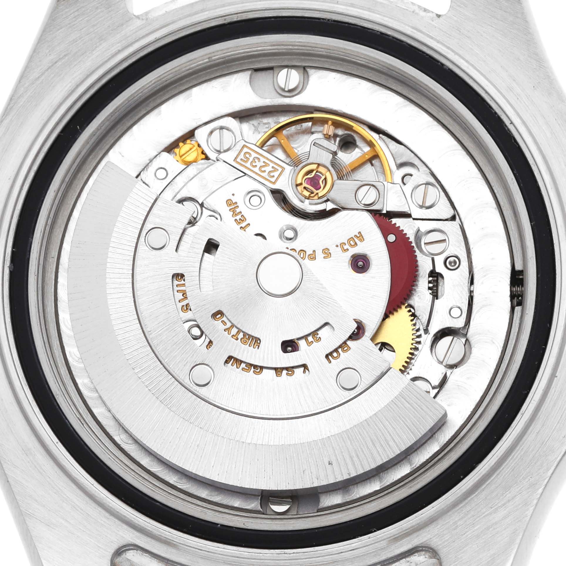 The image shows the back of the Rolex Yacht-Master 168623 Men
s Steel and Gold (two tone) White Dial, highlighting its intricate movement components.