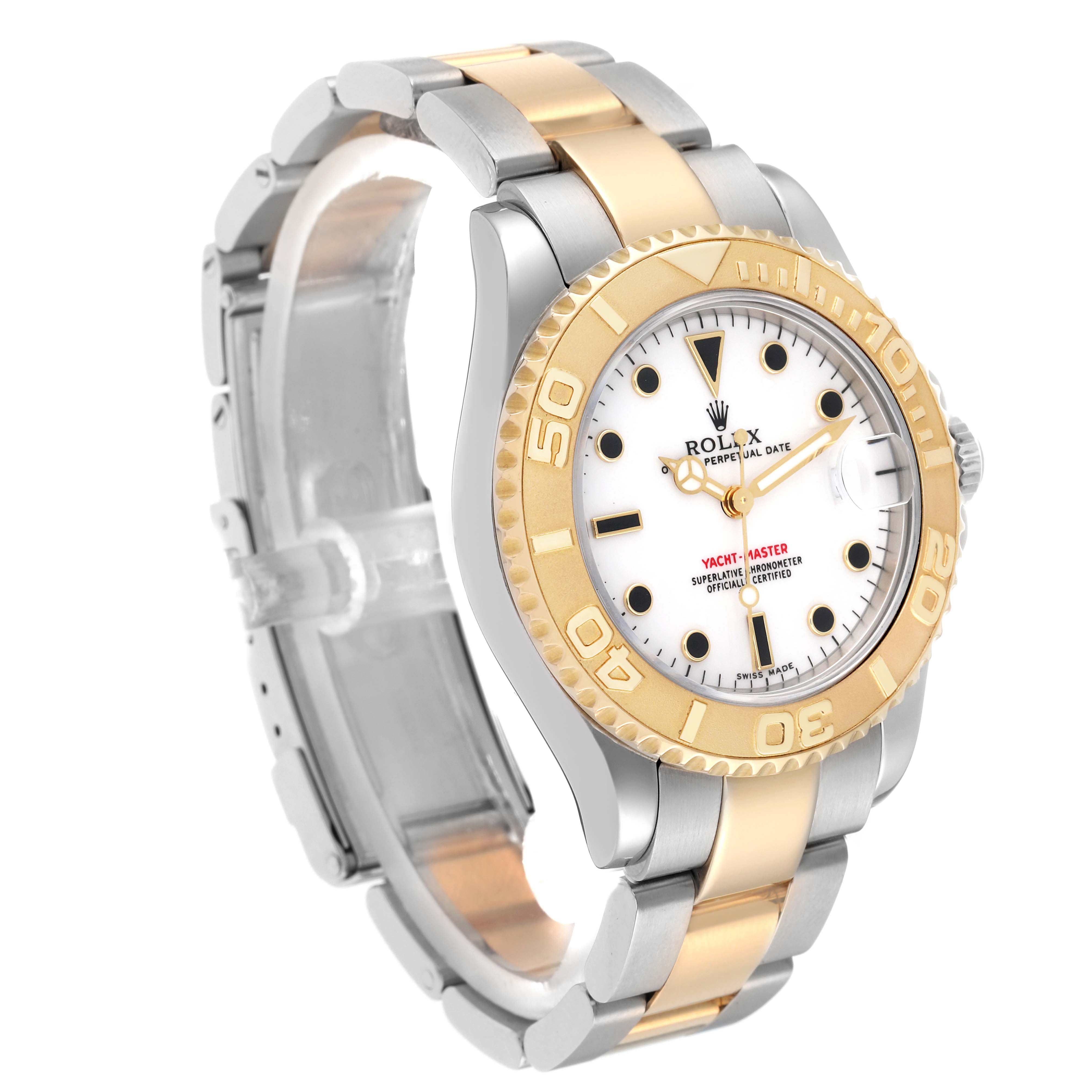 The Rolex Yacht-Master 168623 Men
s Steel and Gold (two tone) White Dial is shown at a three-quarter angle, highlighting the bezel, dial, and two-tone bracelet.