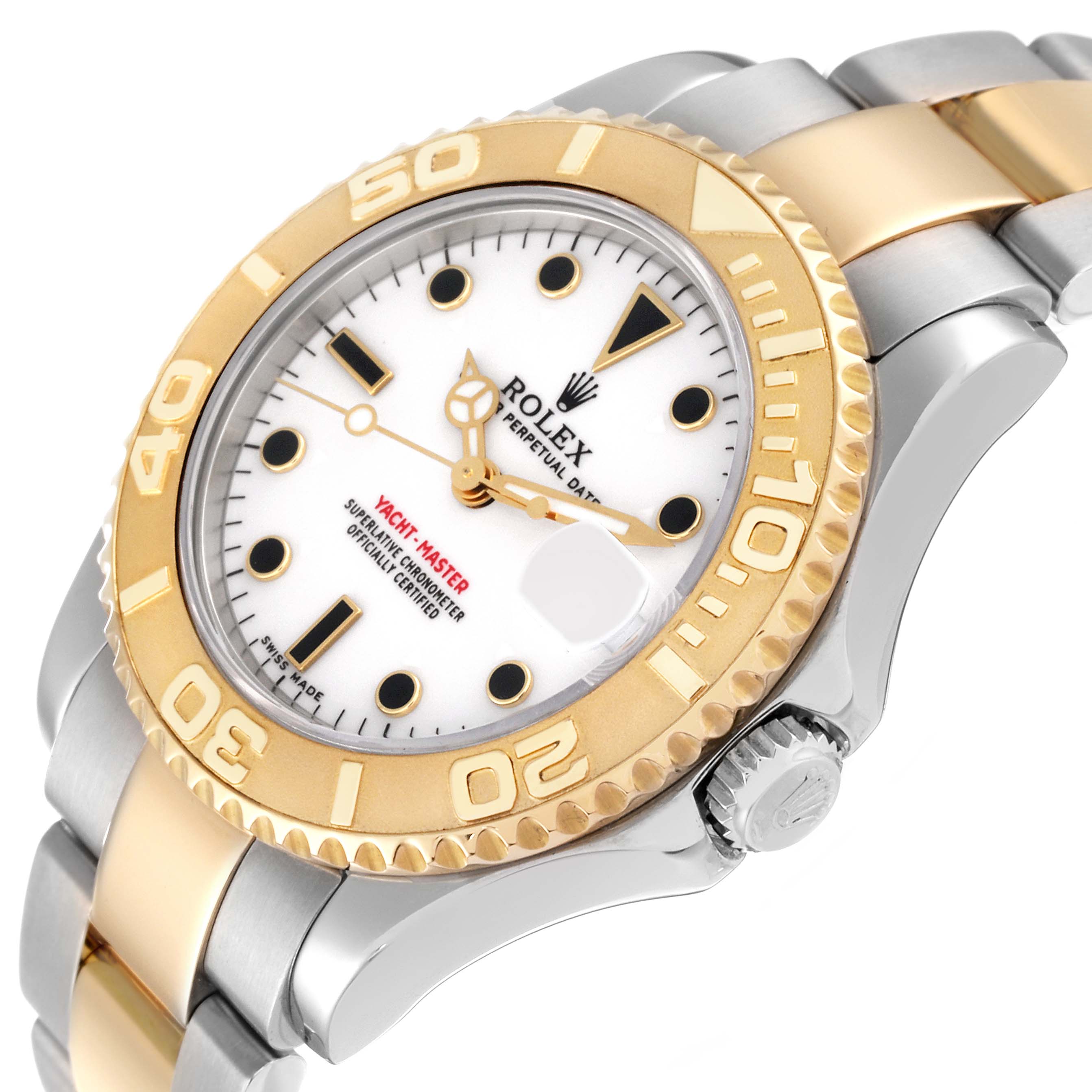 The image shows the Rolex Yacht-Master 168623 Men
s Steel and Gold (two tone) White Dial watch at a three-quarter angle, highlighting the bezel, dial, and part of the bracelet.