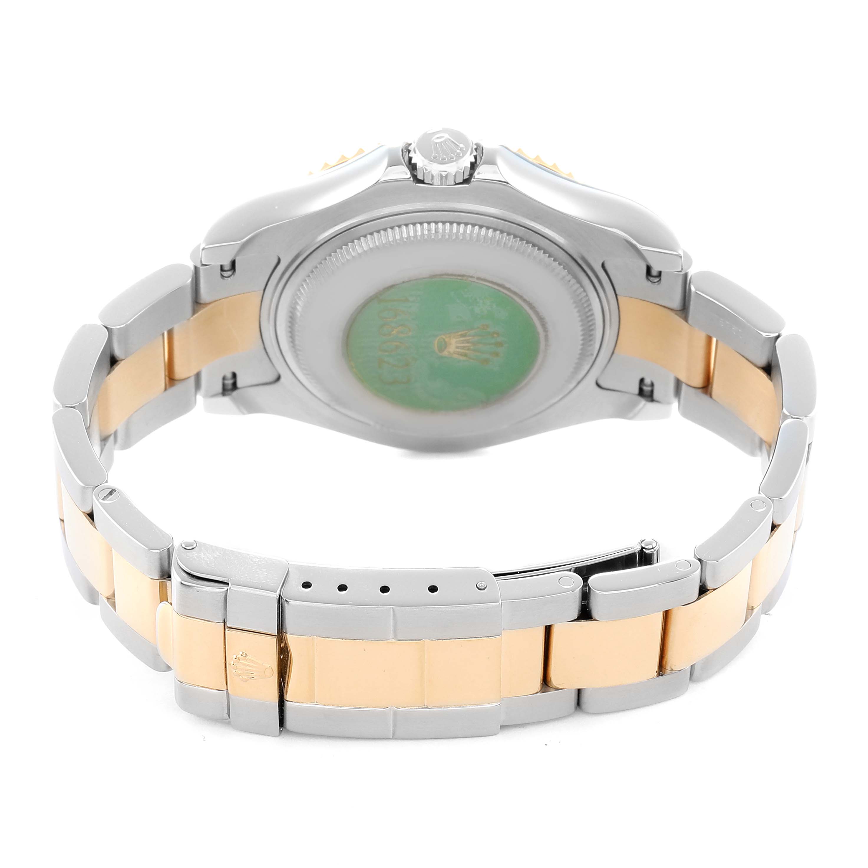 The image shows the back and bracelet of a Rolex Yacht-Master 168623 Men
s Steel and Gold (two tone) White Dial, highlighting the two-tone metal design and clasp.