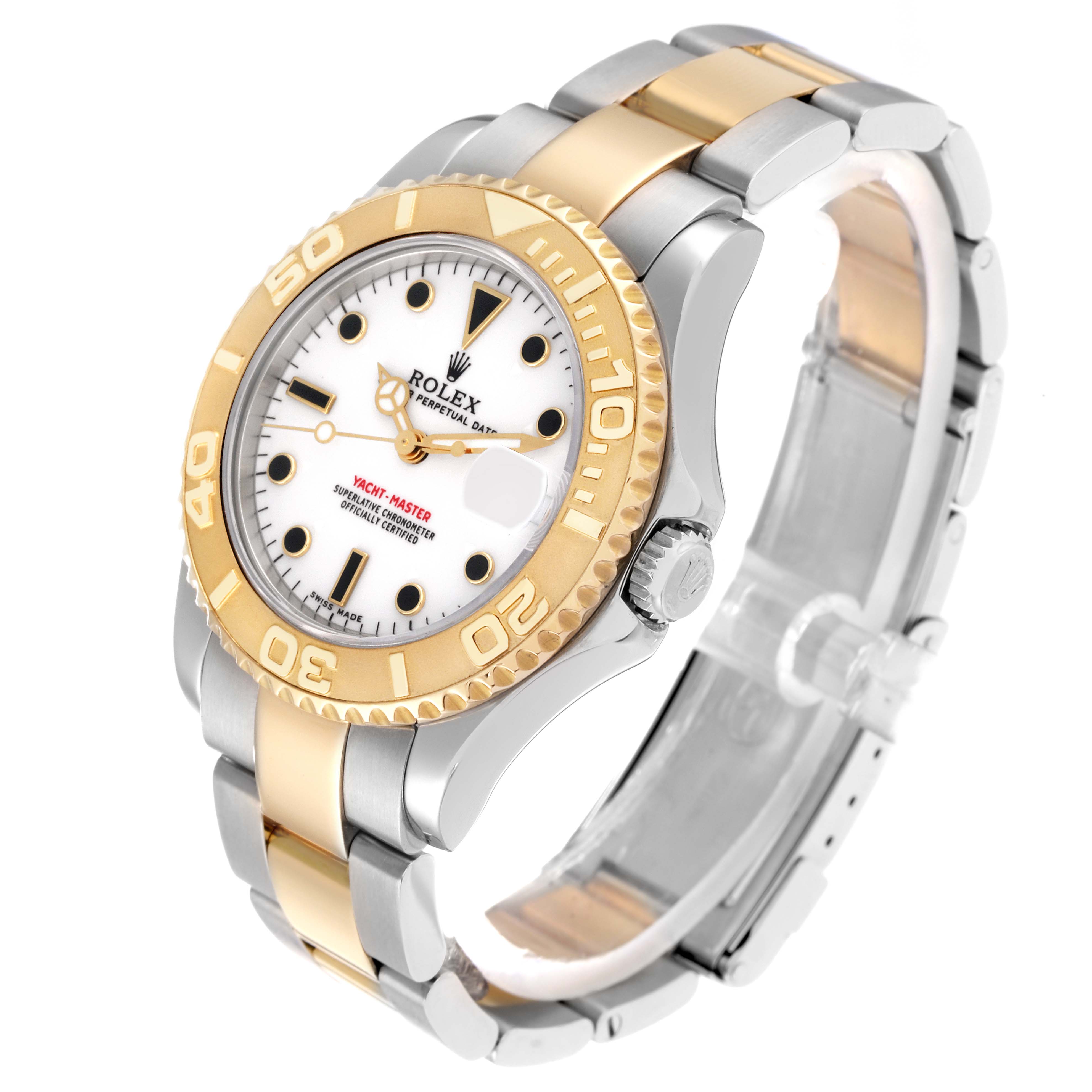The Rolex Yacht-Master 168623 Men
s Steel and Gold (two tone) White Dial watch is shown from a three-quarter angle, highlighting the gold bezel, white dial, and two-tone bracelet.