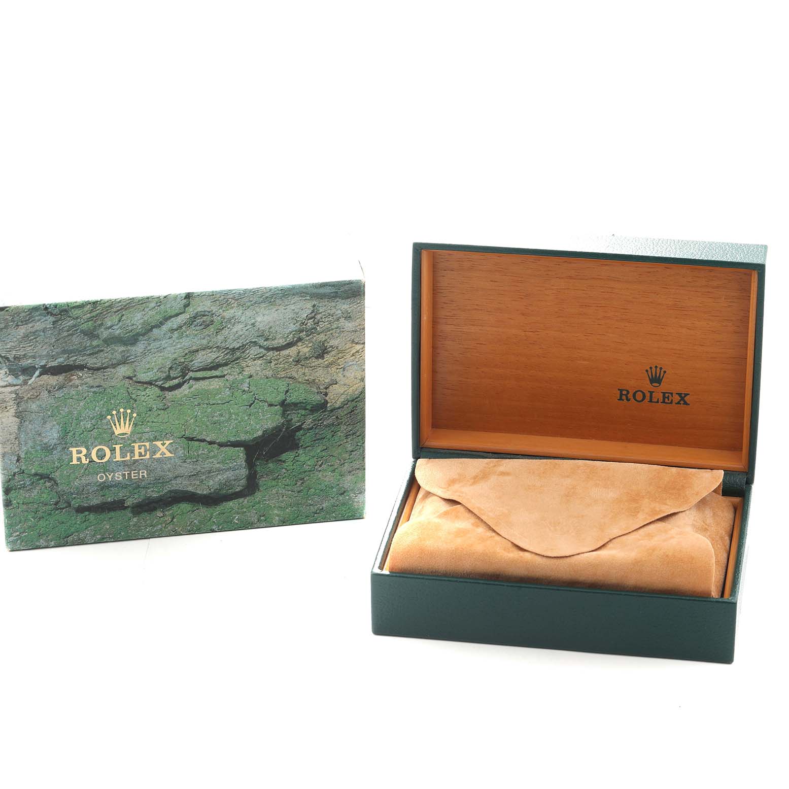 The image shows a Rolex Yacht-Master 168623 Men
s Steel and Gold (two tone) White Dial watch box, with the box open and the inner pouch visible.