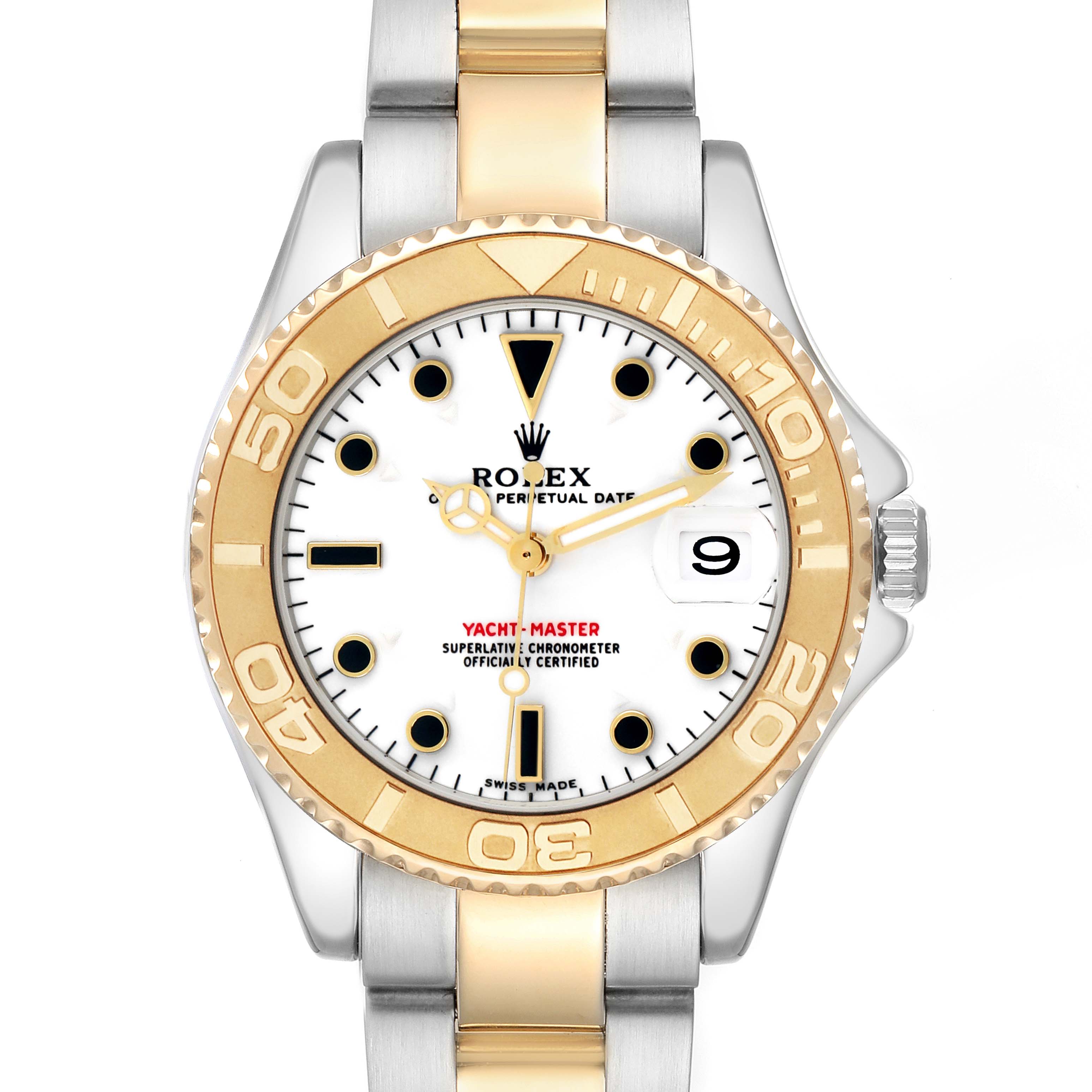 The Rolex Yacht-Master 168623 Men
s Steel and Gold (two tone) White Dial watch is shown from a front view, featuring the dial, bezel, and bracelet.