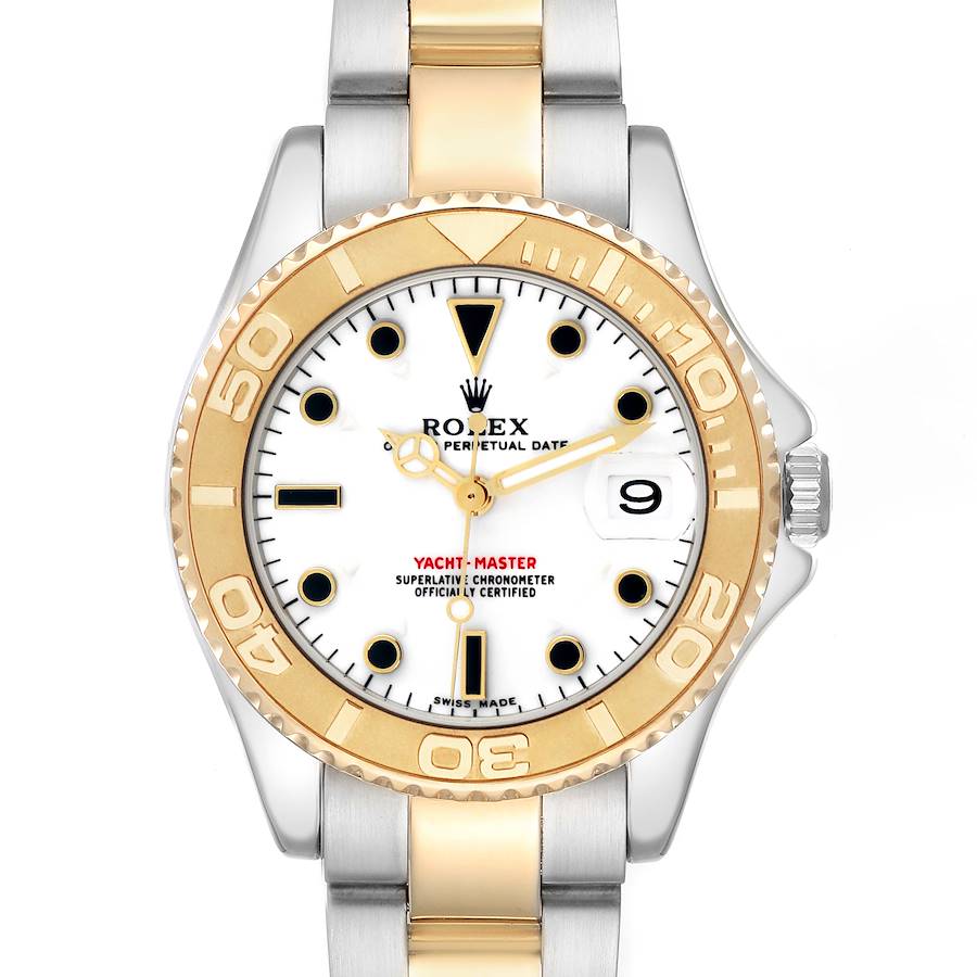 The Rolex Yacht-Master 168623 Men's Steel and Gold (two tone) White Dial watch is shown from a front view, featuring the dial, bezel, and bracelet.