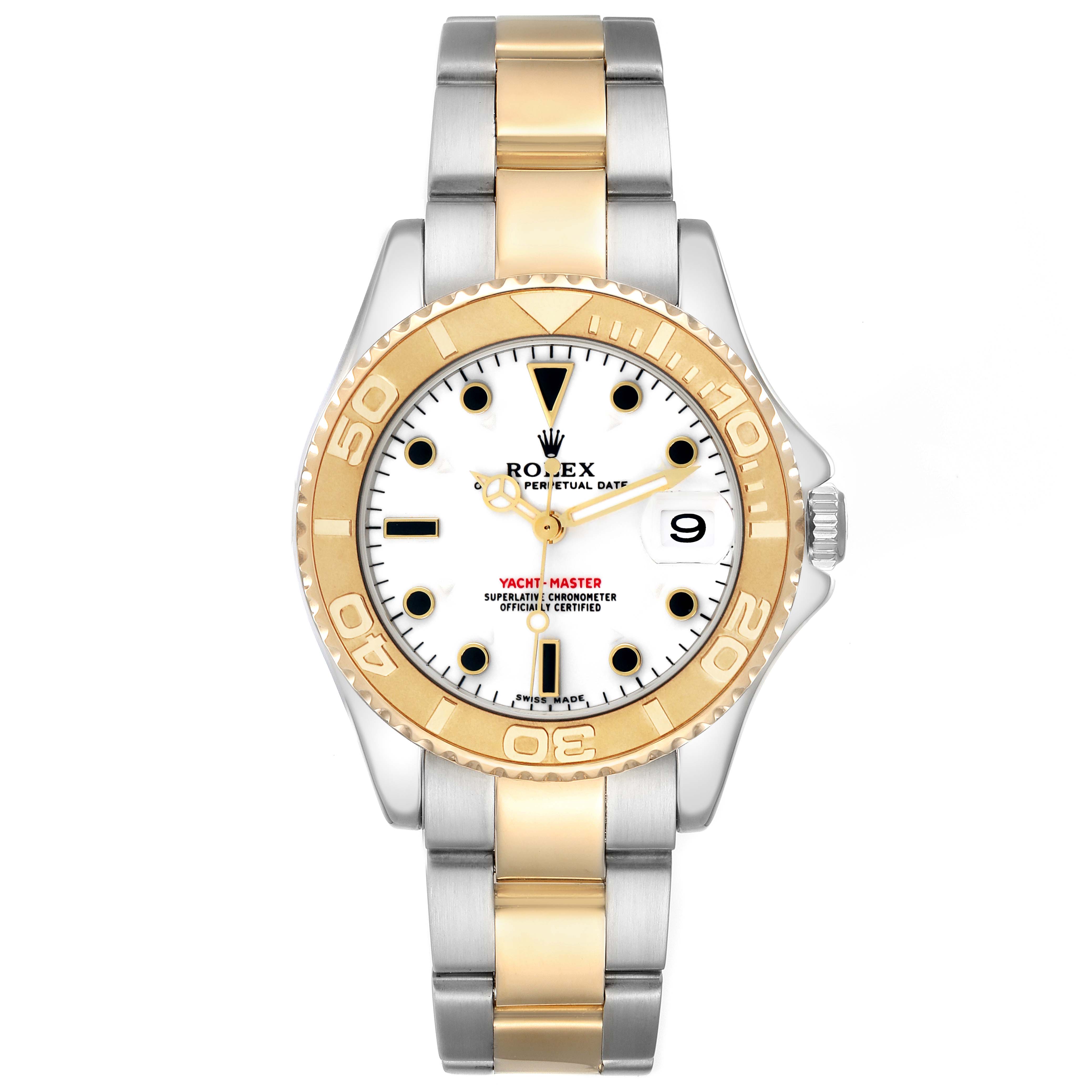 The Rolex Yacht-Master 168623 Men
s Steel and Gold (two tone) White Dial is shown from a front angle, highlighting the dial, bezel, and bi-color band.