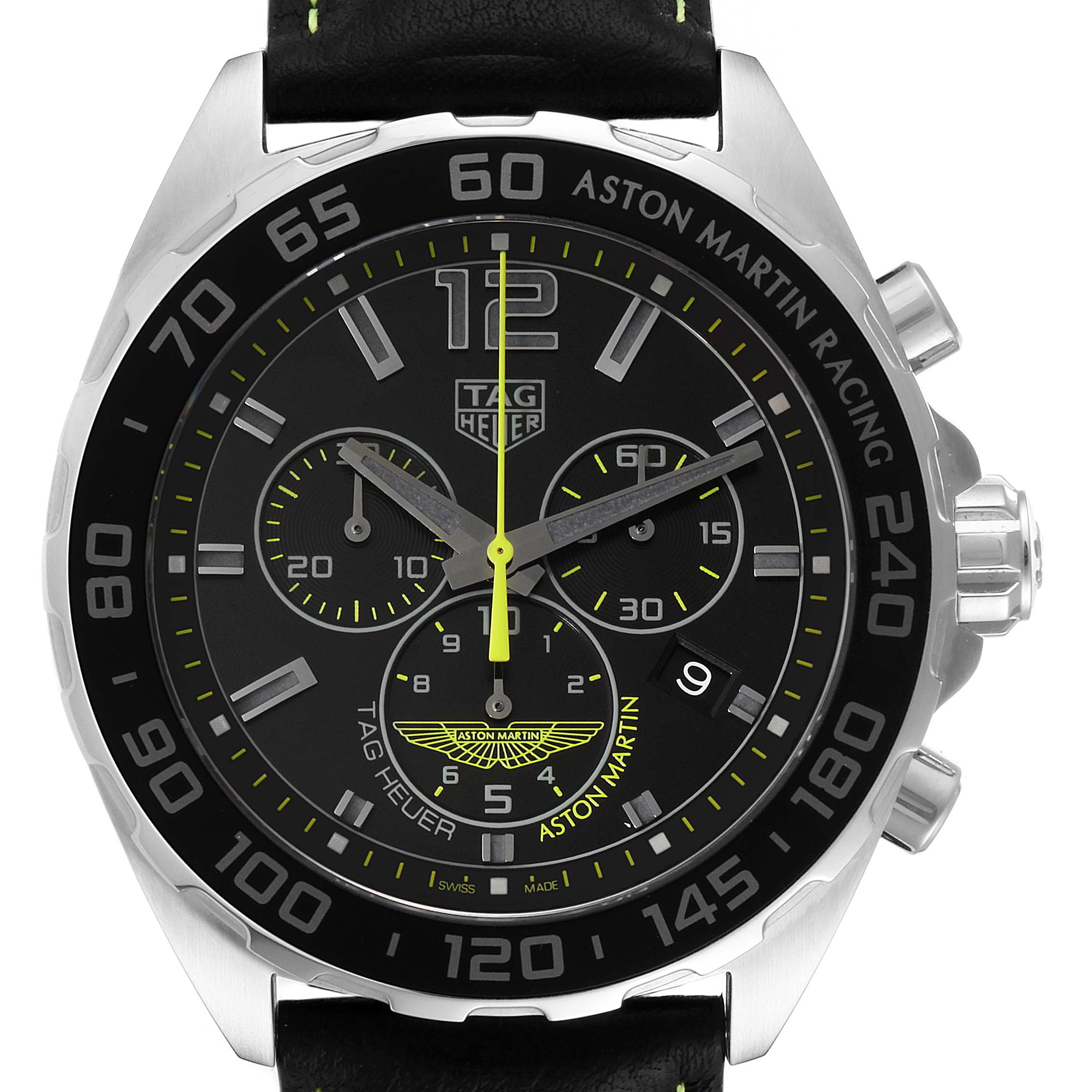 The image shows a front view of the Tag Heuer Formula 1 CAZ101P.FC8245 Men's Stainless Steel Black Dial CAZ101P.FC8245 Men's Stainless Steel Black Dial Aston Martin Racing watch, highlighting the dial, bezel, and chronograph sub-dials.