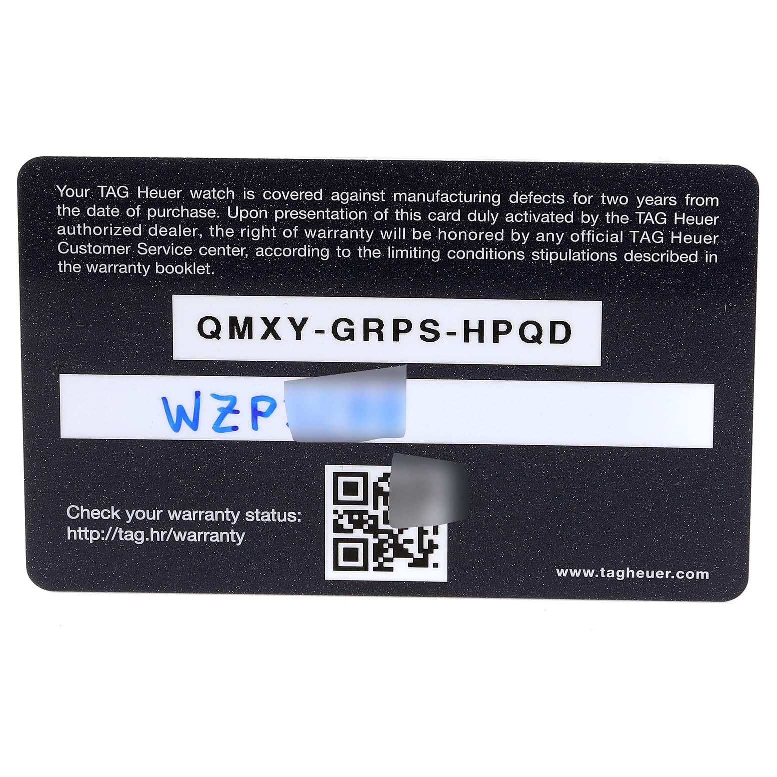 This is a warranty card for the Formula 1 model by Tag Heuer, featuring a serial number, warranty details, and a QR code.