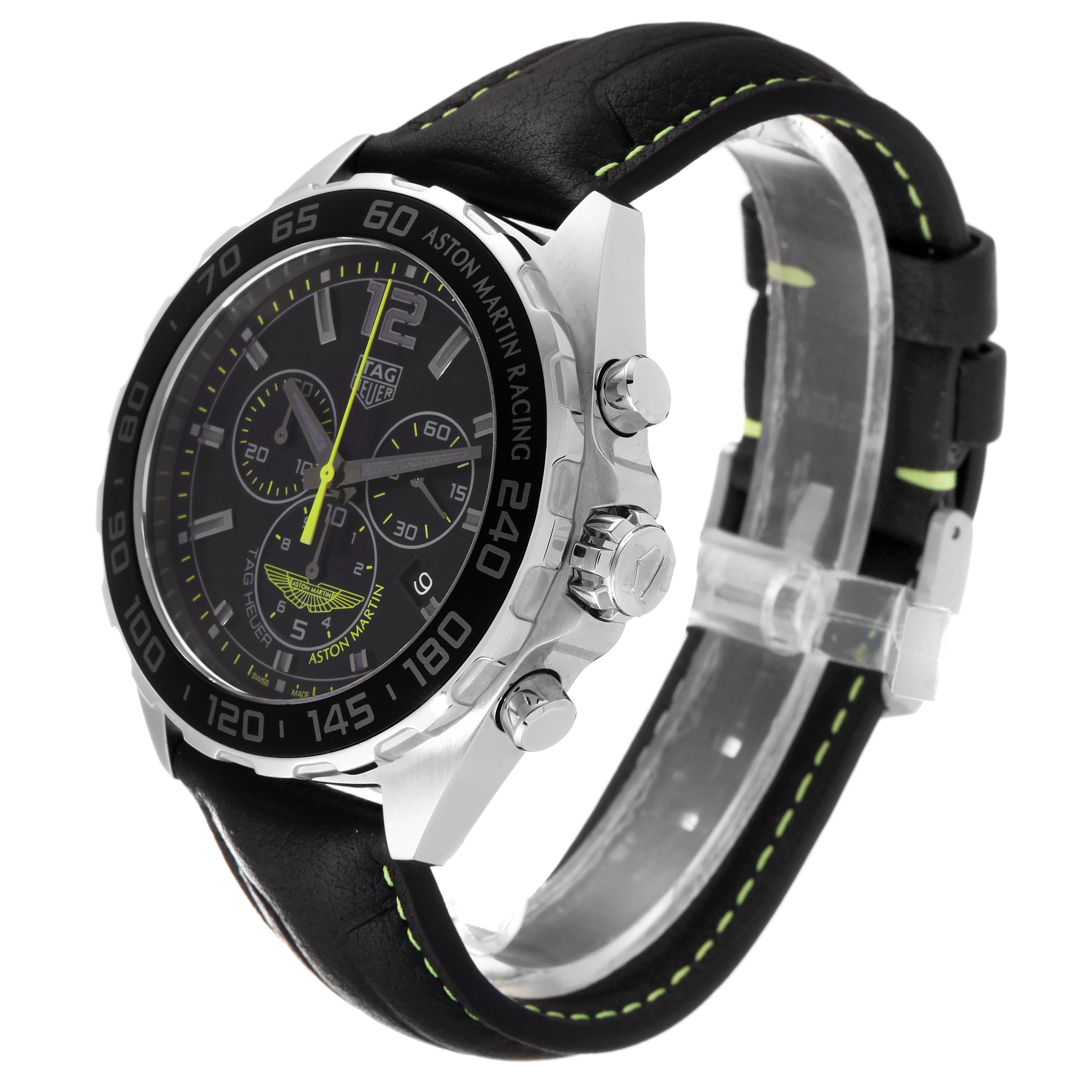 This Tag Heuer Formula 1 CAZ101P.FC8245 Men's Stainless Steel Black Dial CAZ101P.FC8245 Men's Stainless Steel Black Dial watch is shown at a three-quarter angle, highlighting the bezel, dial, pushers, and leather strap.