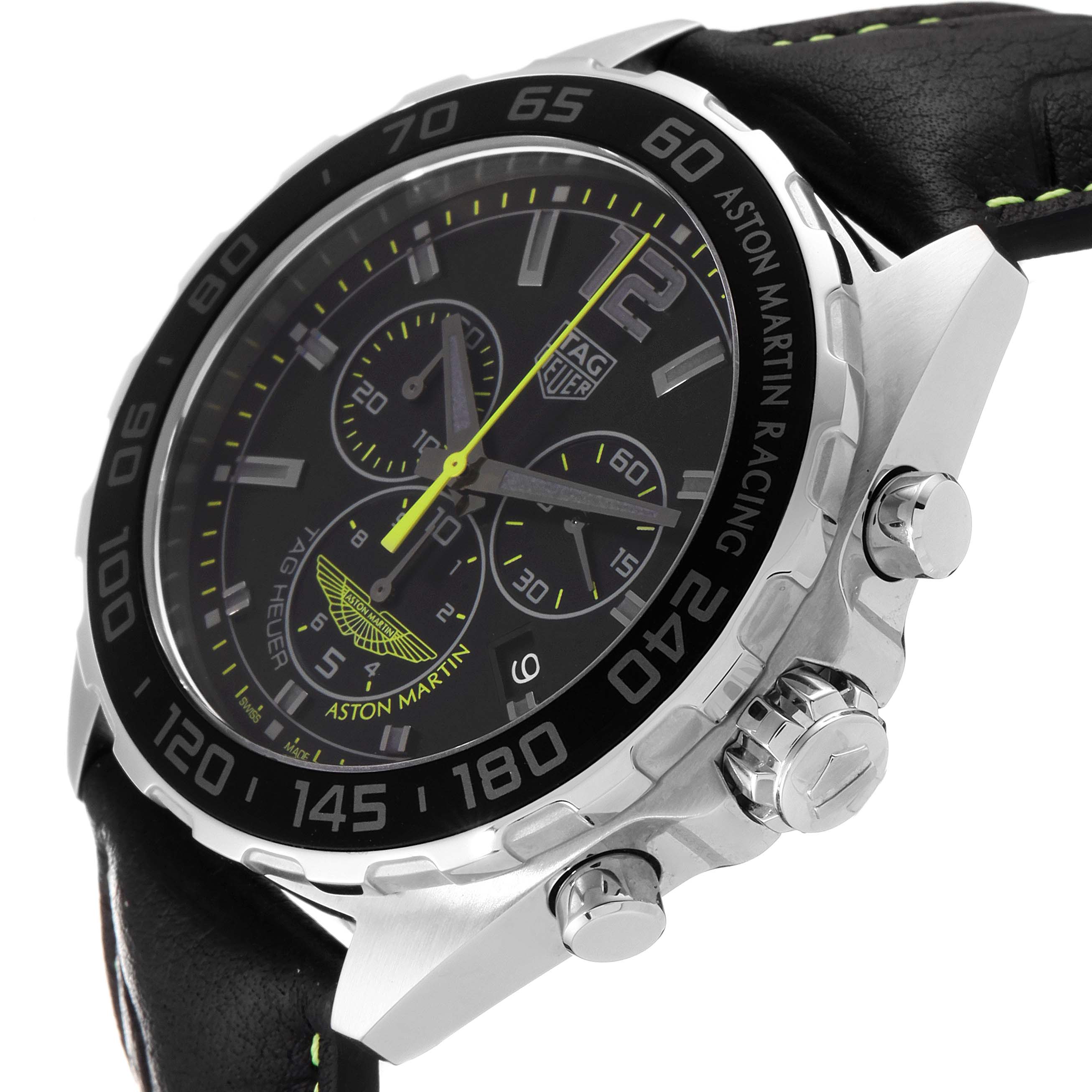 The image shows a Tag Heuer Formula 1 CAZ101P.FC8245 Men's Stainless Steel Black Dial CAZ101P.FC8245 Men's Stainless Steel Black Dial watch at an angle highlighting the face, bezel, crown, and chronograph pushers.