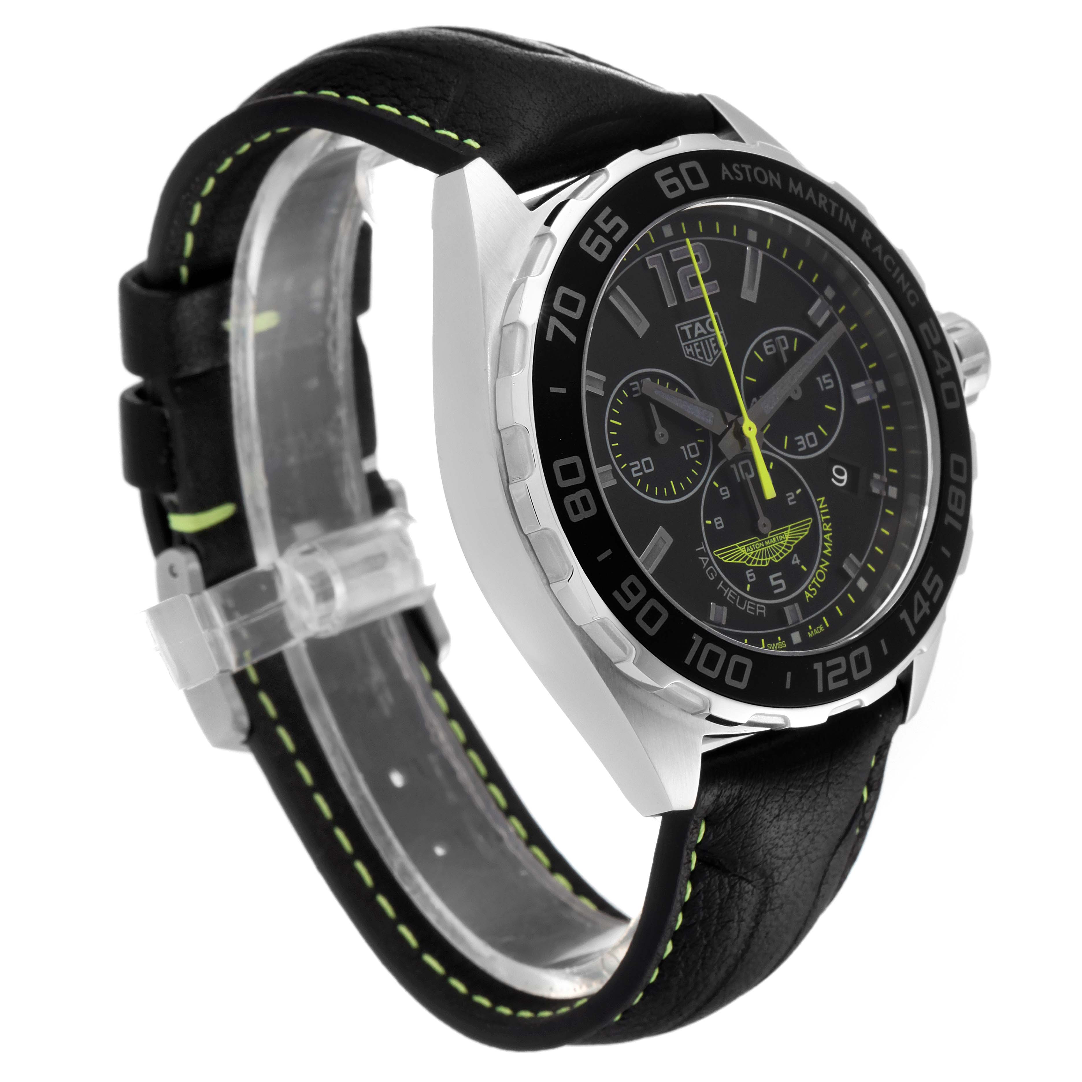 The image displays a Tag Heuer Formula 1 CAZ101P.FC8245 Men's Stainless Steel Black Dial CAZ101P.FC8245 Men's Stainless Steel Black Dial watch at an oblique angle, highlighting the face, bezel, and leather strap.