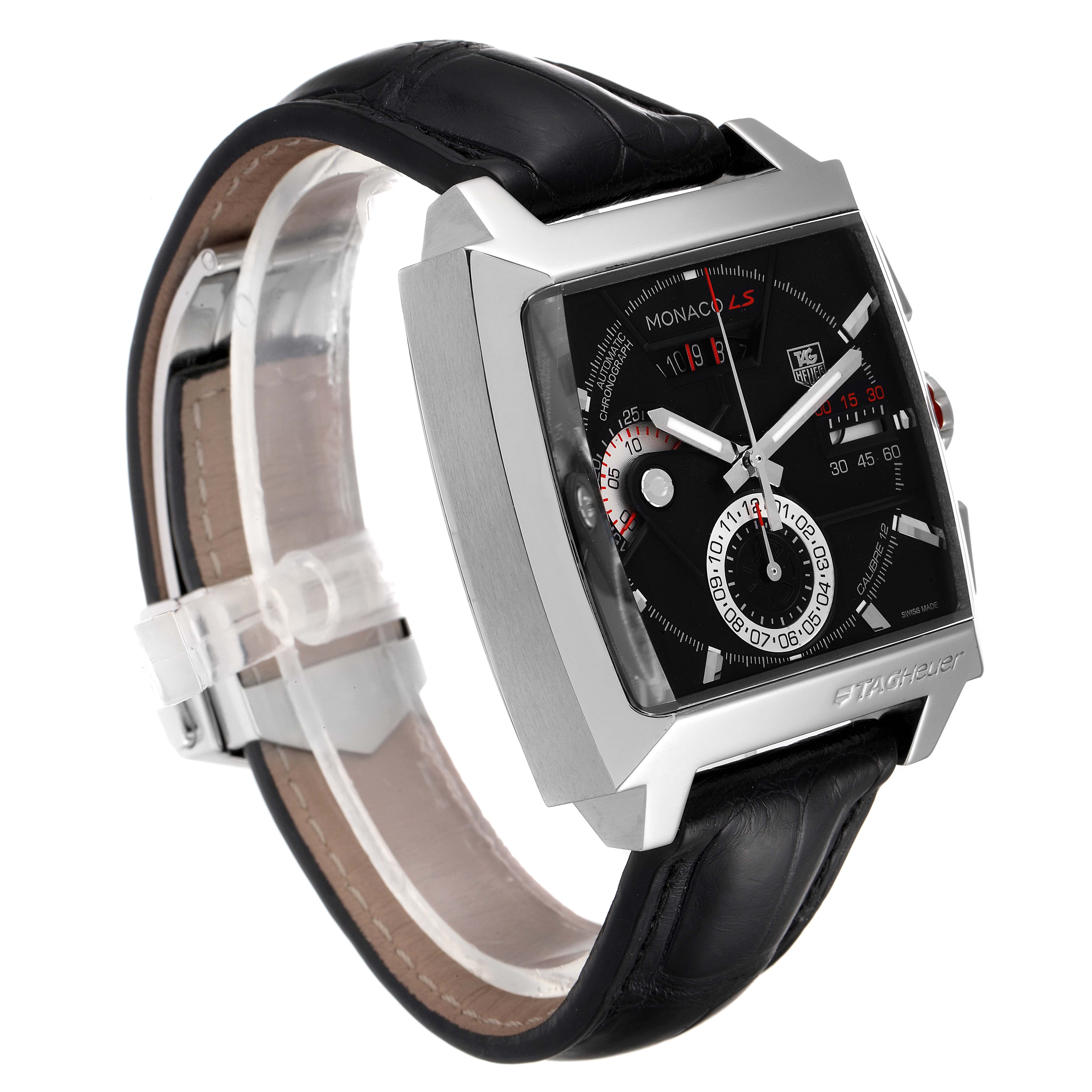 The image shows a side-angle view of a Tag Heuer Monaco CAL2110.FC6257 Men's Stainless Steel Black Dial CAL2110.FC6257 Men's Stainless Steel Black Dial watch, highlighting the face, case, and leather strap.
