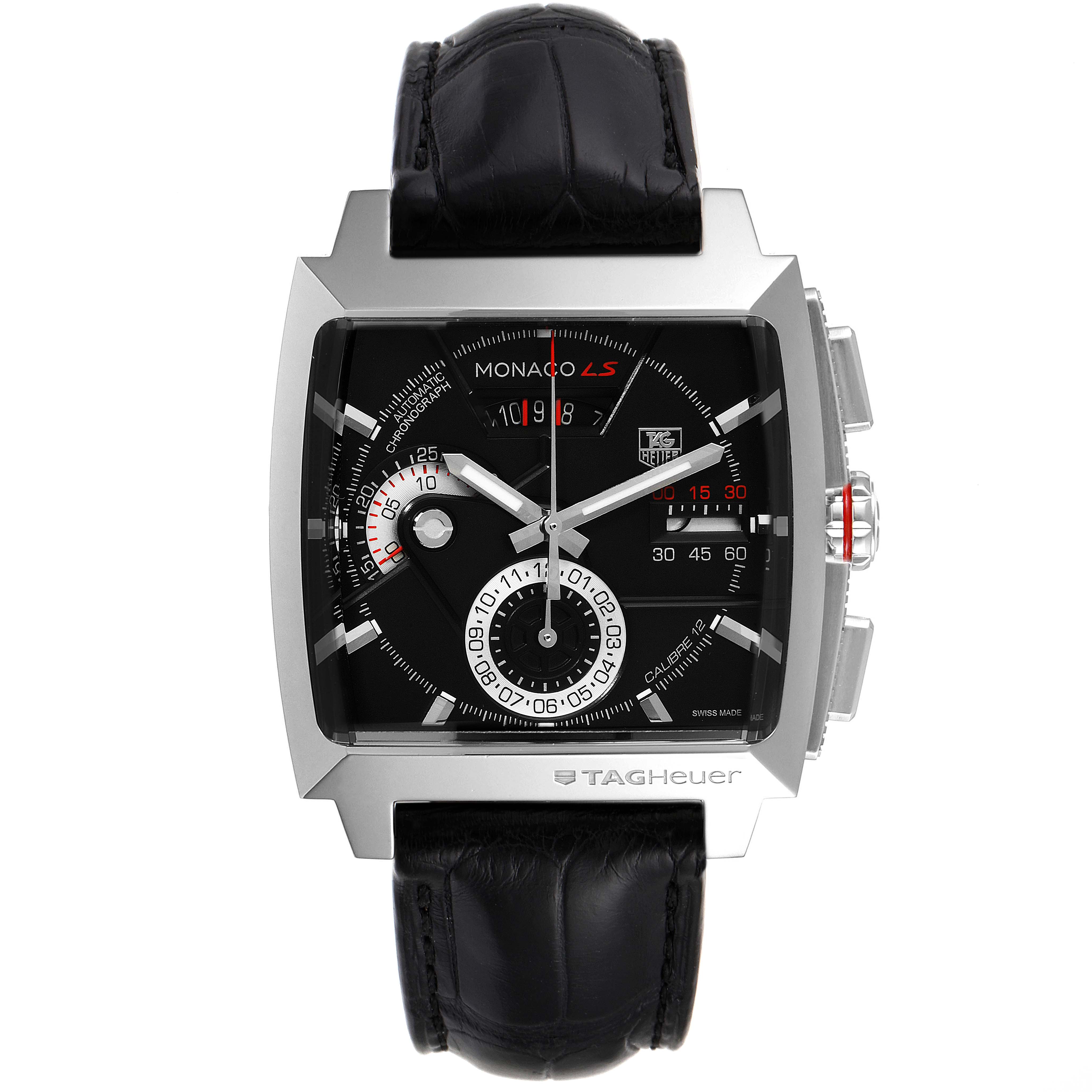 The image shows a front view of the Tag Heuer Monaco CAL2110.FC6257 Men's Stainless Steel Black Dial CAL2110.FC6257 Men's Stainless Steel Black Dial model watch, highlighting its black dial and leather strap.