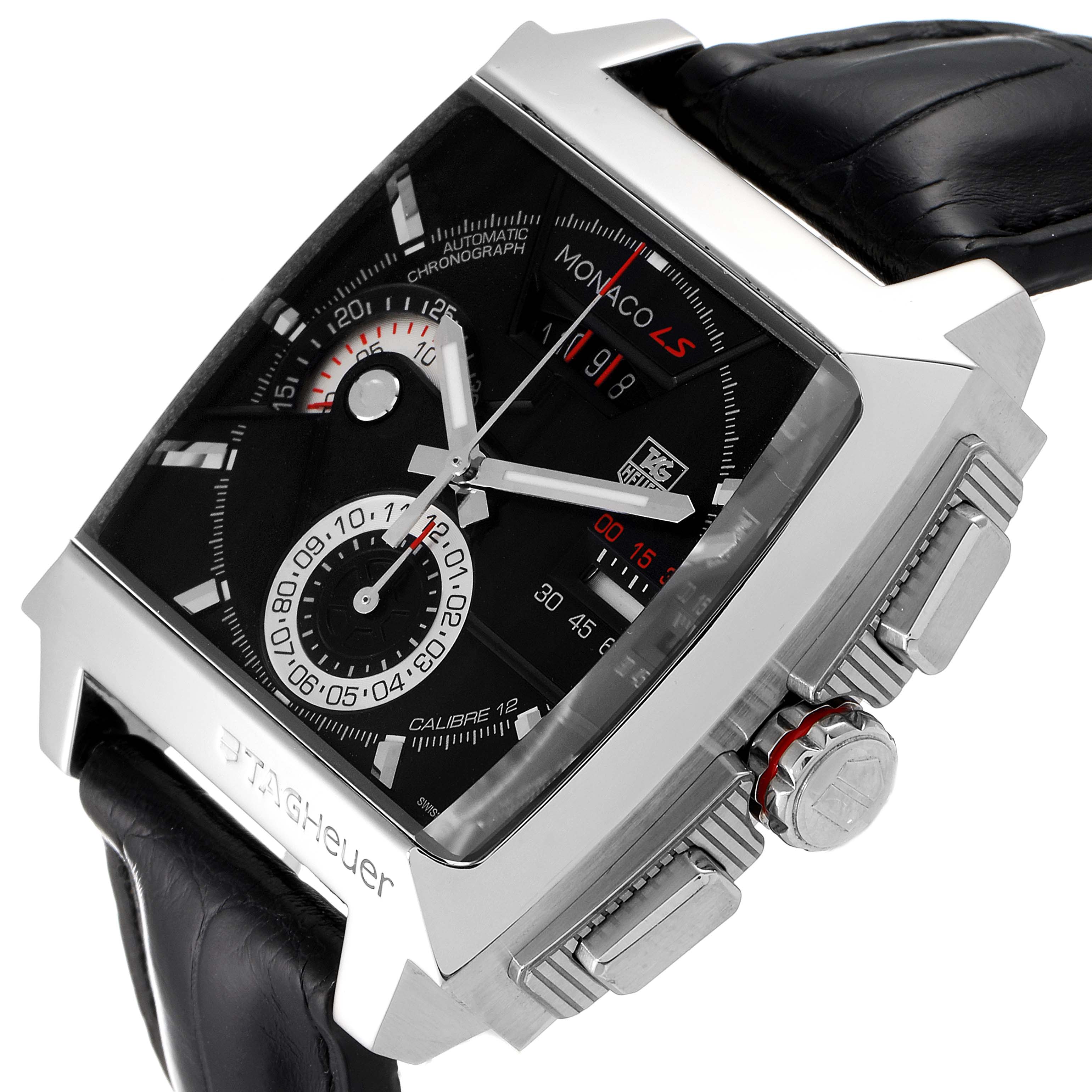 This Tag Heuer Monaco CAL2110.FC6257 Men's Stainless Steel Black Dial CAL2110.FC6257 Men's Stainless Steel Black Dial model watch is shown from an angled view, highlighting its square face, crown, pushers, and leather strap.