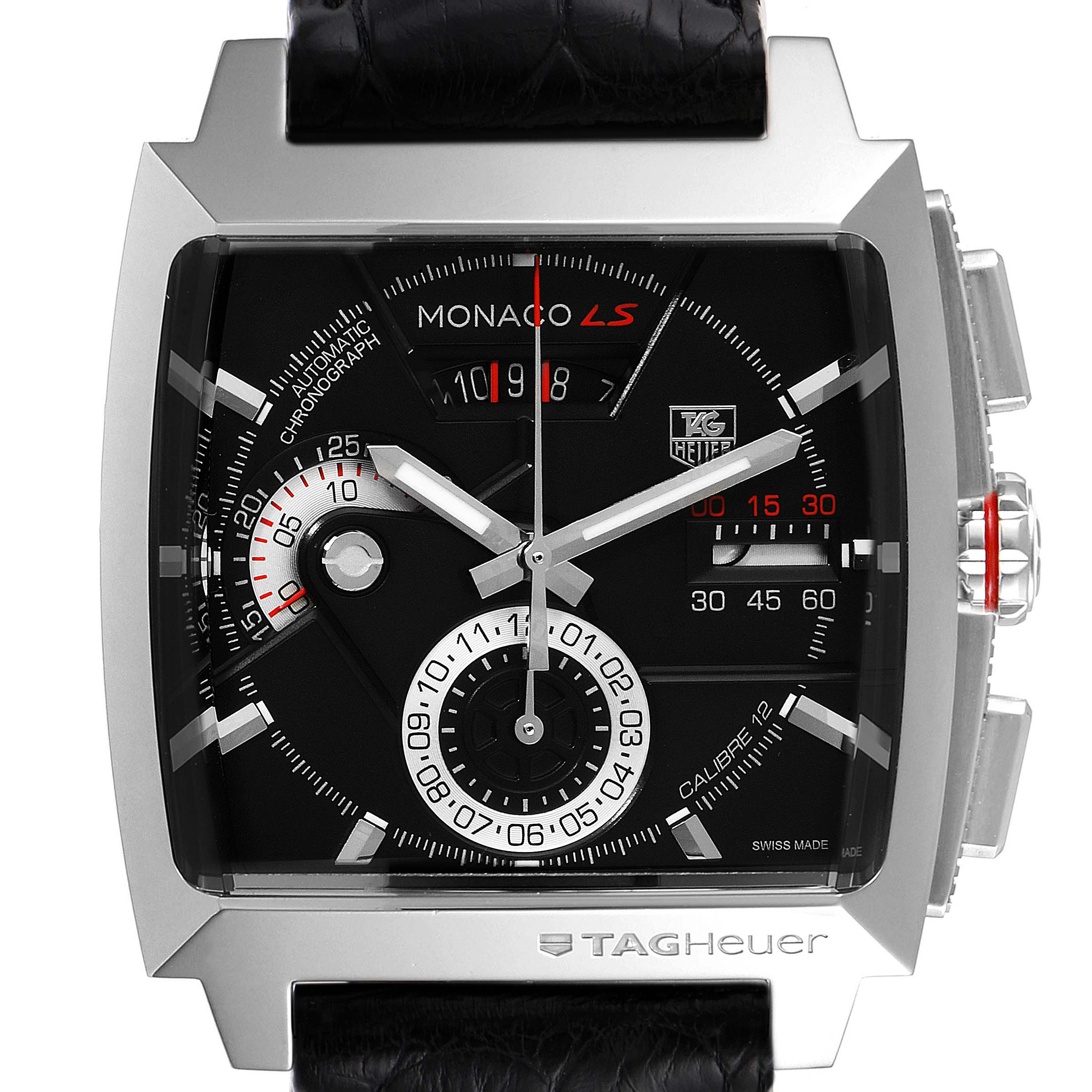 The image shows a frontal view of the Tag Heuer Monaco CAL2110.FC6257 Men's Stainless Steel Black Dial CAL2110.FC6257 Men's Stainless Steel Black Dial watch, highlighting its dial and chronograph features.