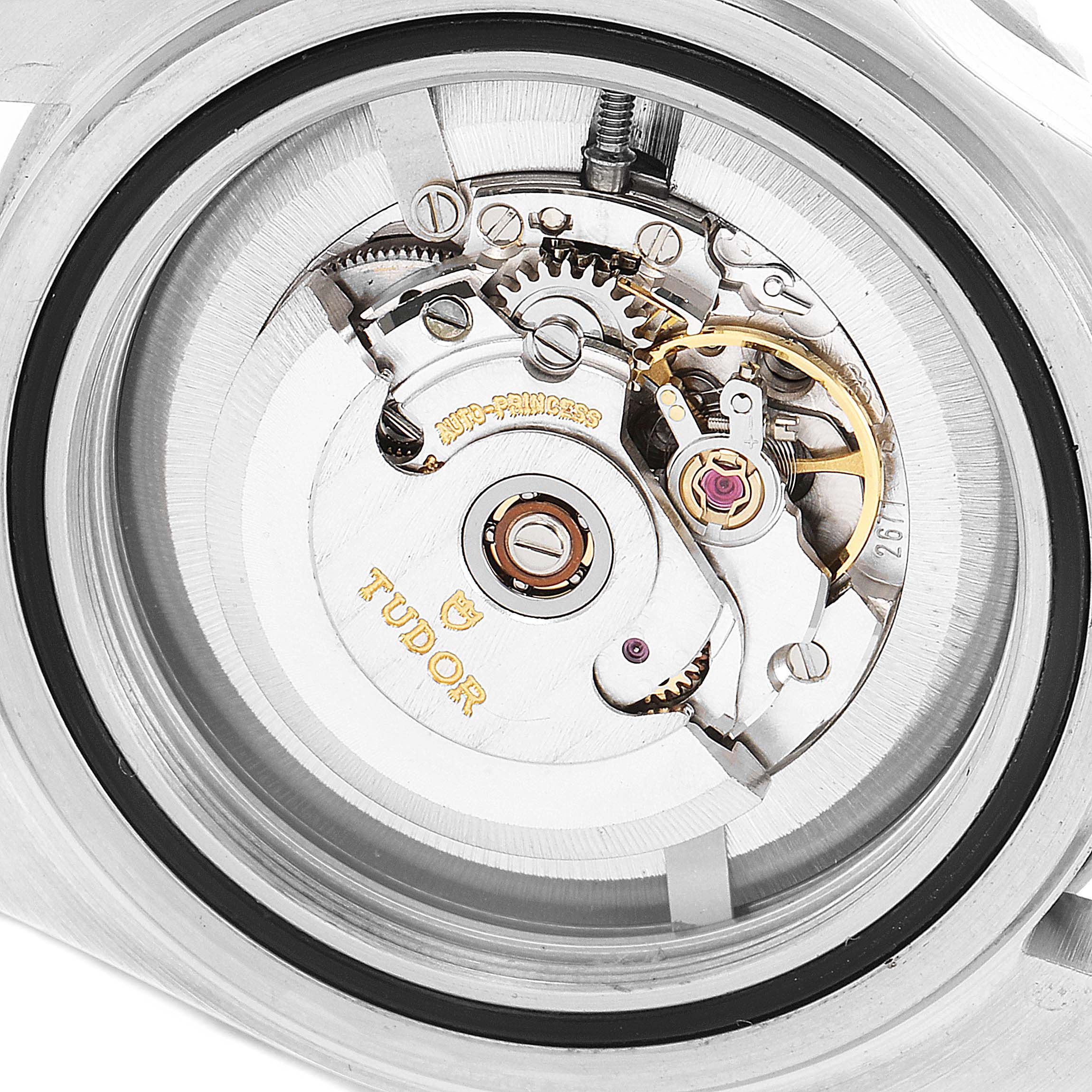 The image shows the open-back view of the movement inside the Tudor Prince 73090 Women's Stainless Steel Black Dial 73090 Women's Stainless Steel Black Dial watch.