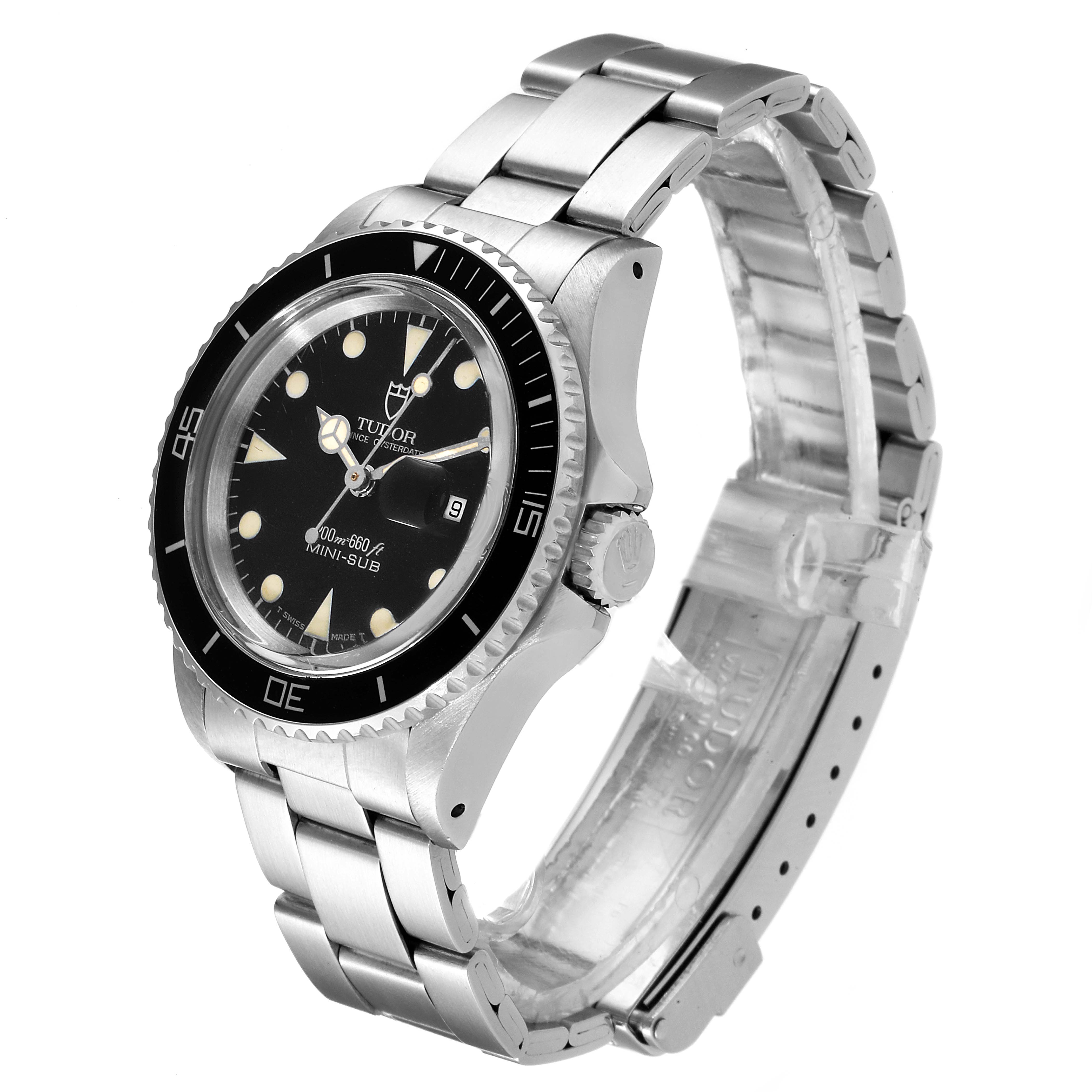 The Tudor Prince 73090 Women's Stainless Steel Black Dial 73090 Women's Stainless Steel Black Dial model watch is shown at a slight angle, displaying the face, bezel, crown, and stainless steel bracelet.