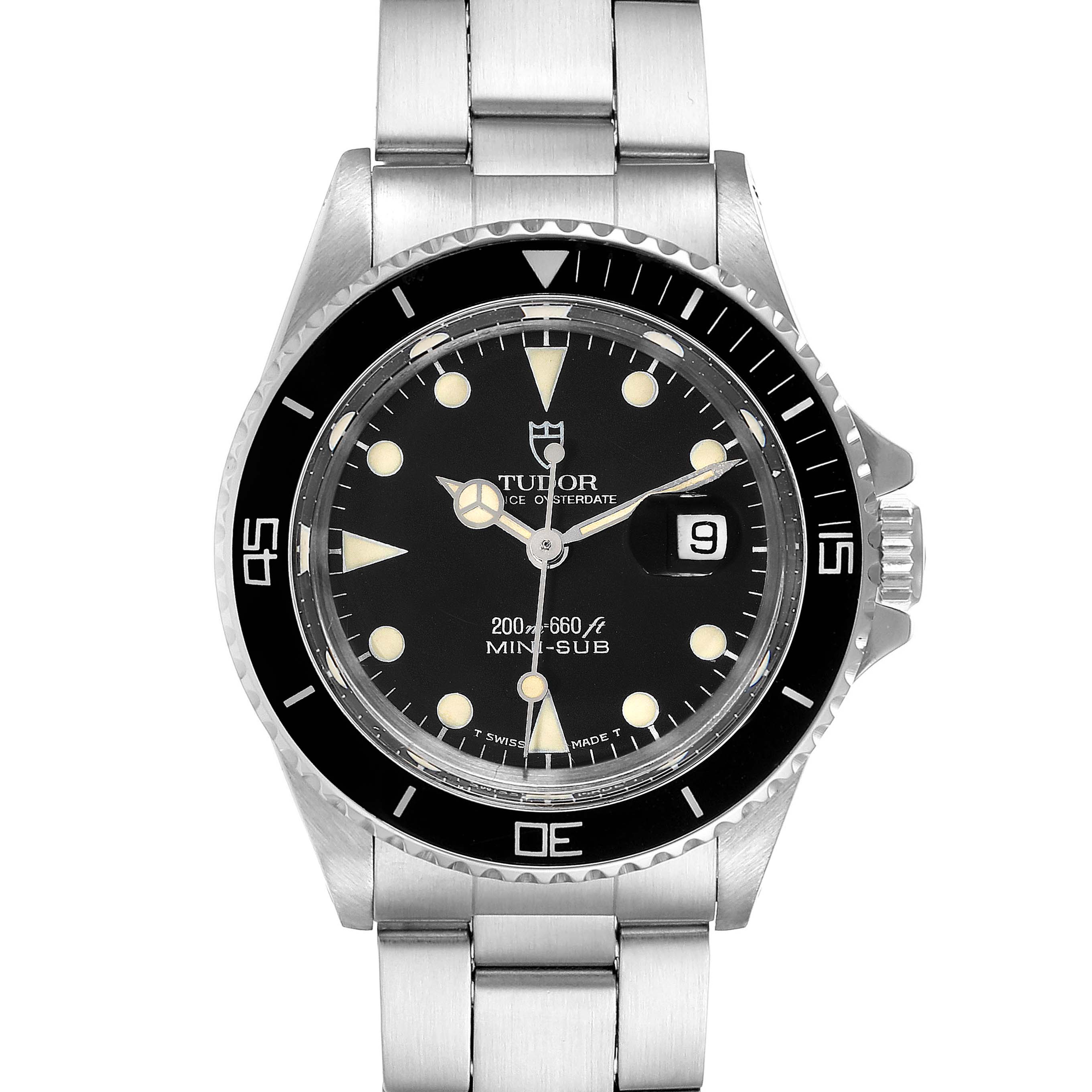 The image shows a front view of a Tudor Prince 73090 Women's Stainless Steel Black Dial 73090 Women's Stainless Steel Black Dial Mini-Sub watch, highlighting its dial, bezel, and stainless steel bracelet.