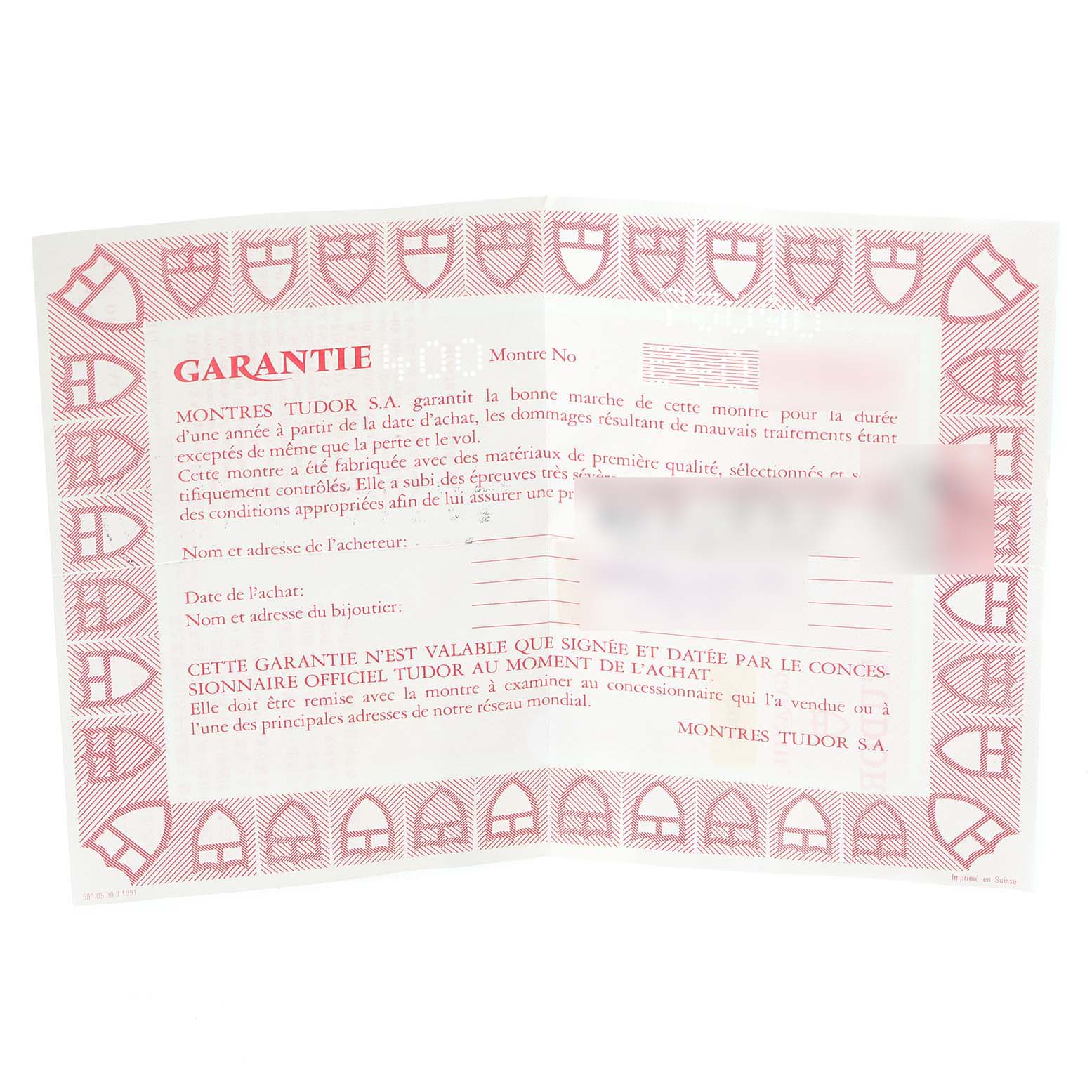 This is a warranty certificate for the Tudor Prince 73090 Women's Stainless Steel Black Dial 73090 Women's Stainless Steel Black Dial model watch.