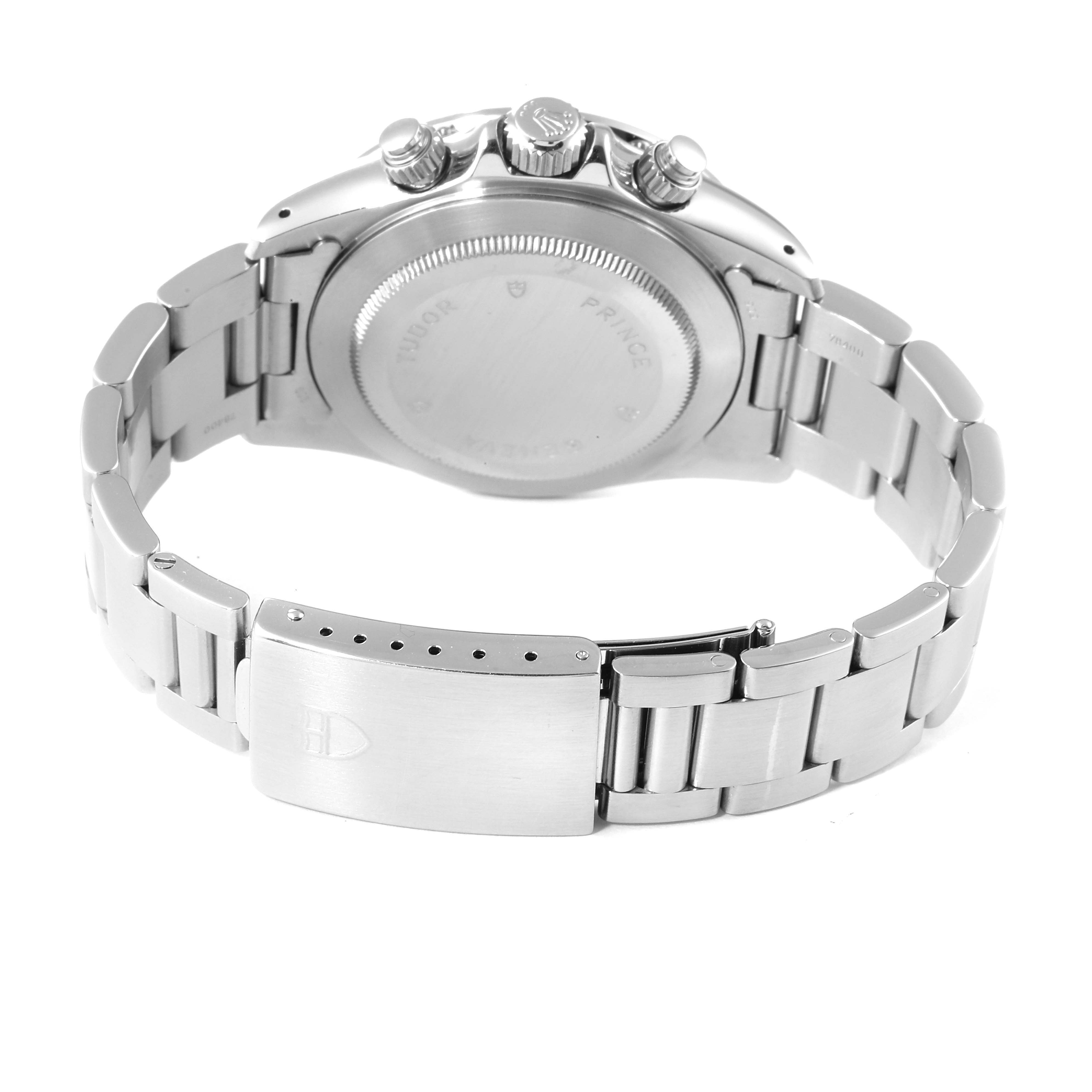The image shows the back case and bracelet of a Tudor Prince 79280 Men
s Stainless Steel Black Dial 79280 Men
s Stainless Steel Black Dial watch, focusing on the clasp and crown.