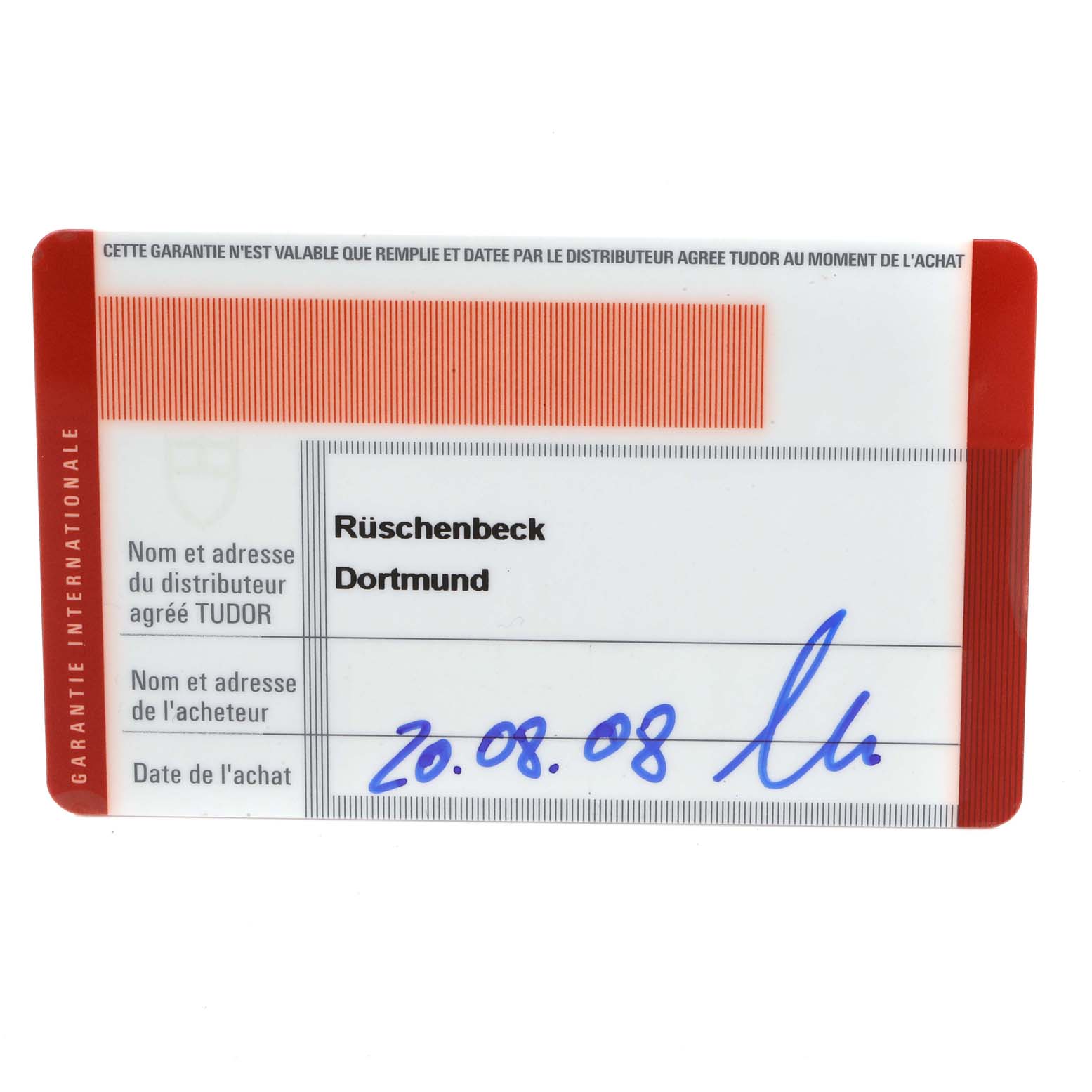 This is the warranty card for the Tudor Prince 79280 Men
s Stainless Steel Black Dial 79280 Men
s Stainless Steel Black Dial model watch, displaying dealer and purchase information.