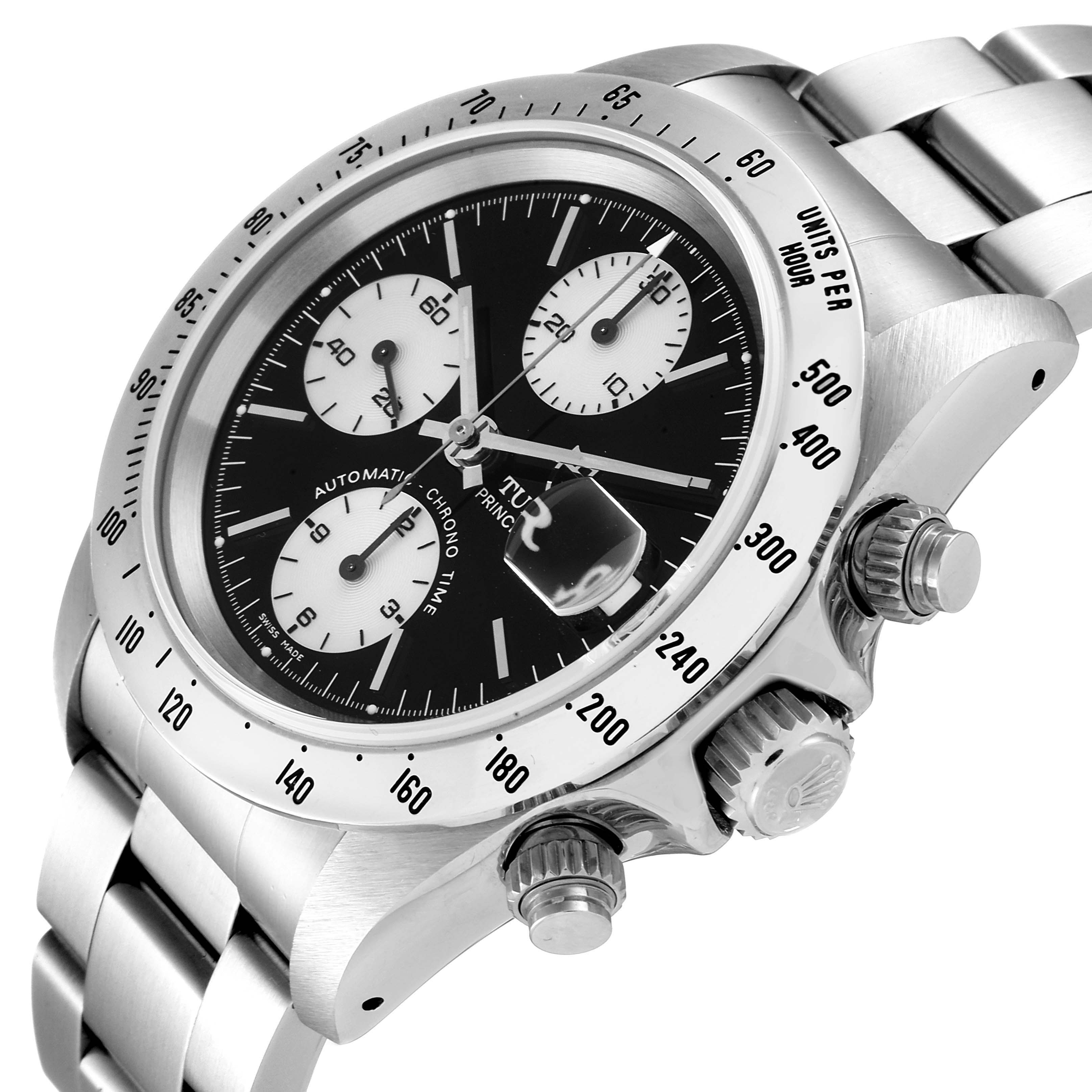 The Tudor Prince 79280 Men
s Stainless Steel Black Dial 79280 Men
s Stainless Steel Black Dial watch is shown at a tilted angle displaying the face, bezel, crown, and part of the bracelet.