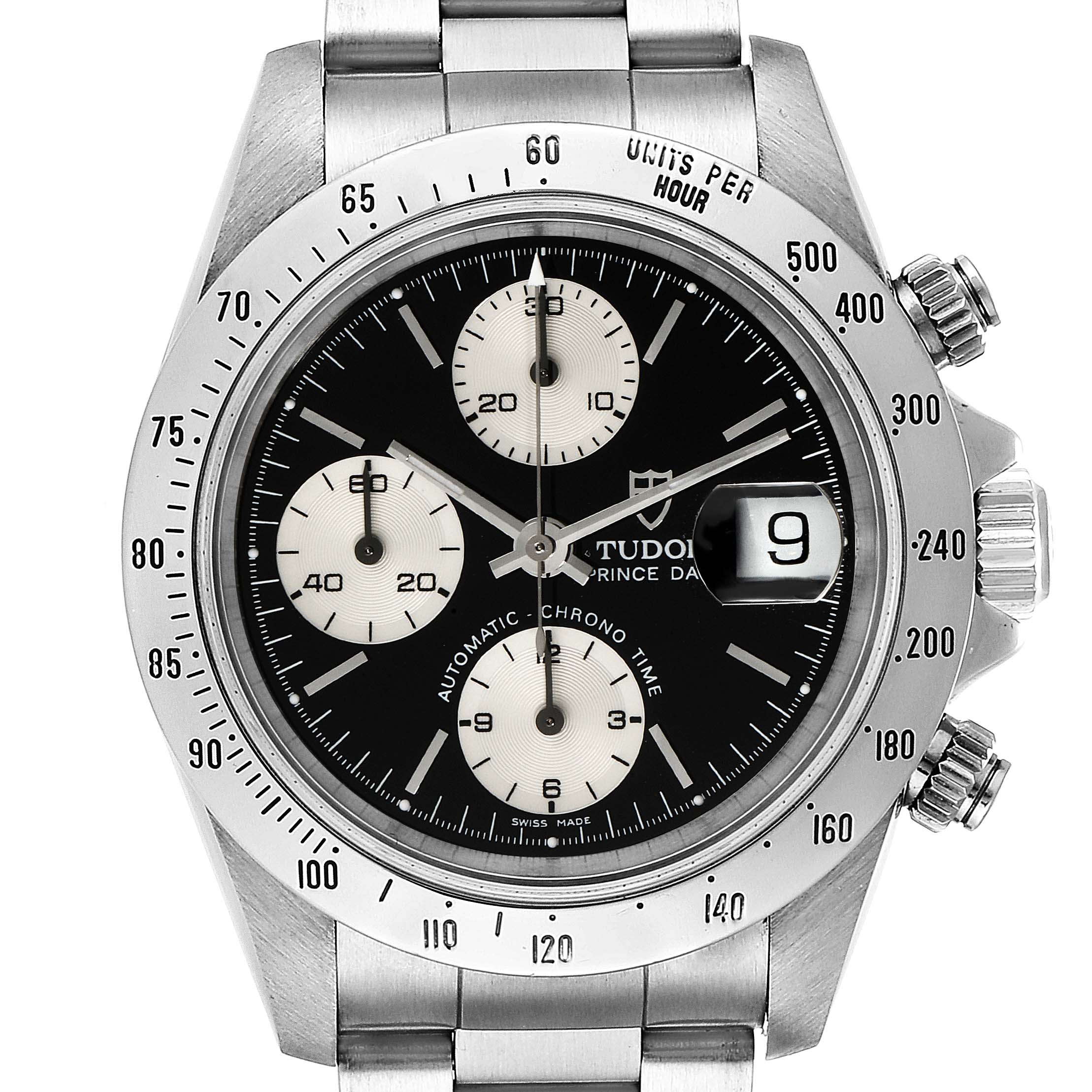 The image shows a front view of the Tudor Prince 79280 Men
s Stainless Steel Black Dial 79280 Men
s Stainless Steel Black Dial model watch, highlighting its dial, bezel, and chronograph sub-dials.