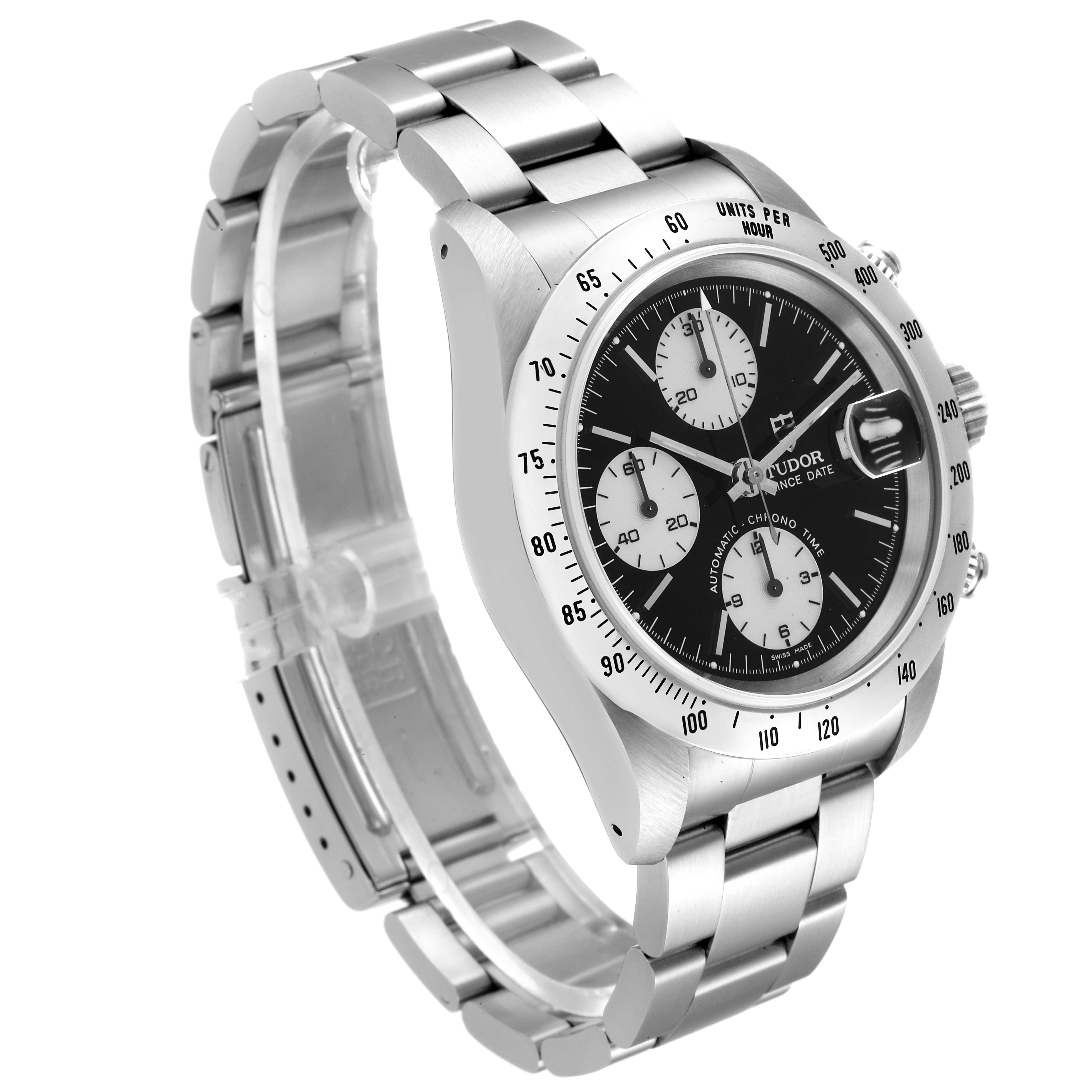 The image shows the Tudor Prince 79280 Men
s Stainless Steel Black Dial 79280 Men
s Stainless Steel Black Dial watch at a tilted angle, displaying its face, bezel, crown, and stainless steel bracelet.