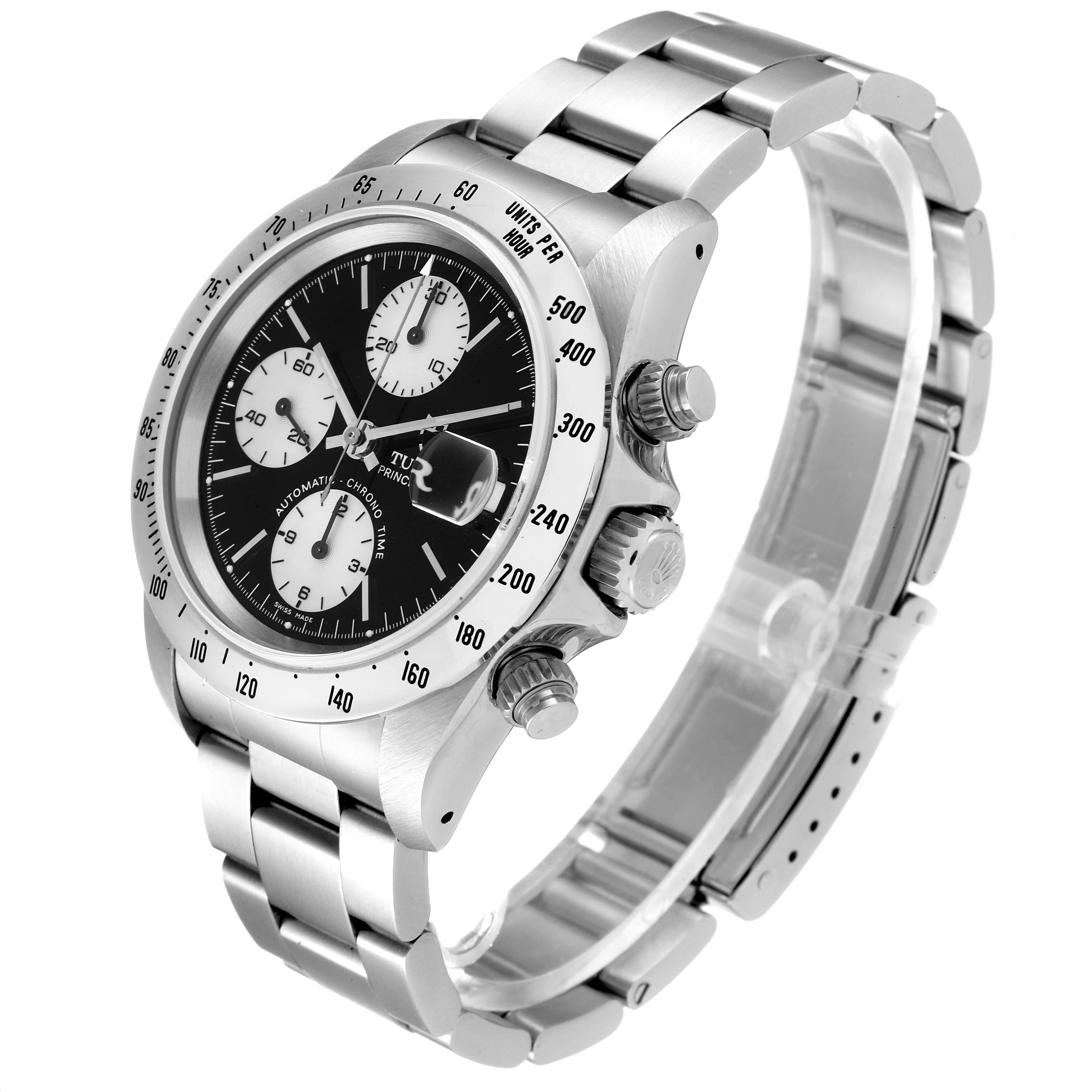 The Tudor Prince 79280 Men
s Stainless Steel Black Dial 79280 Men
s Stainless Steel Black Dial watch is shown from an angled view, displaying its dial, bezel, pushers, crown, and bracelet.