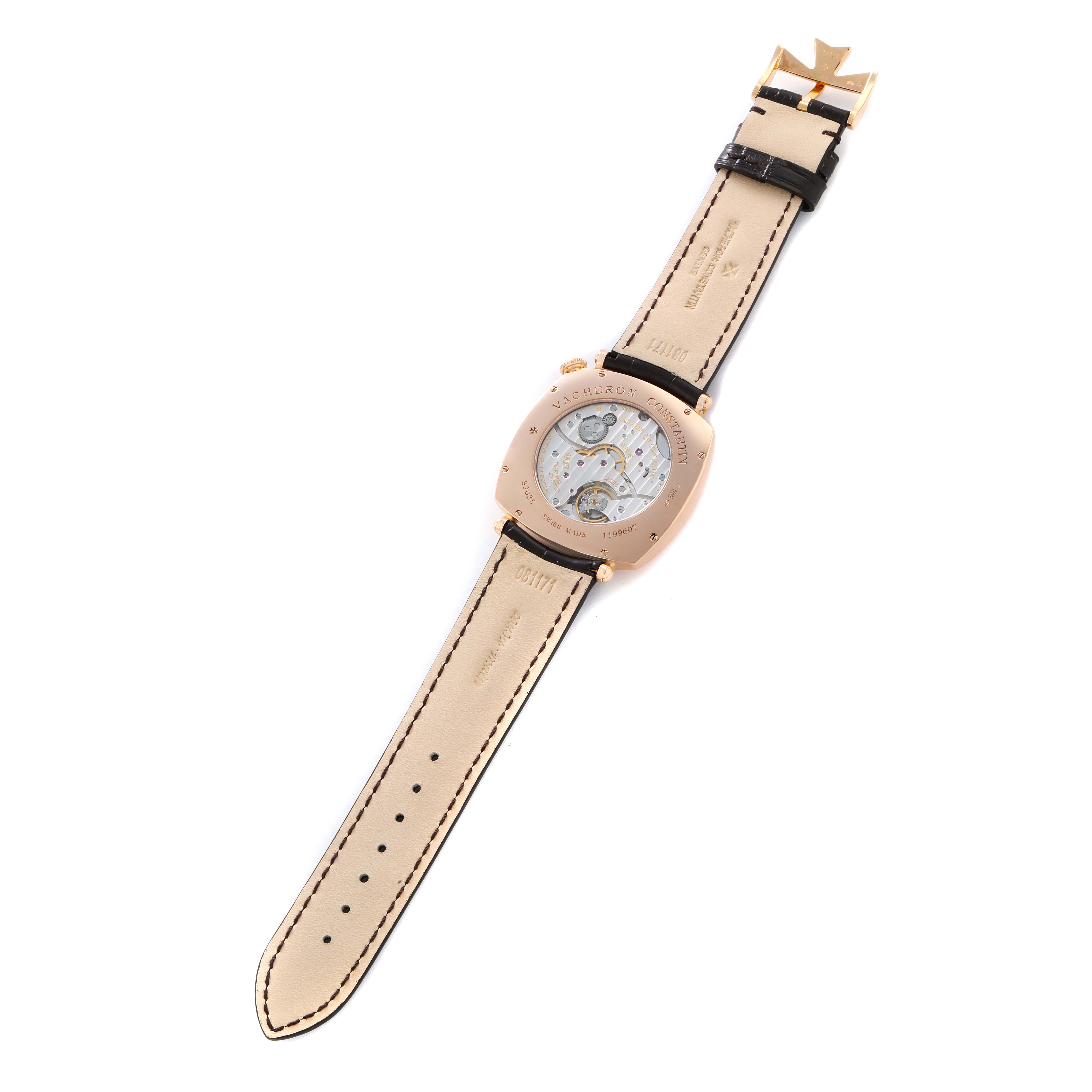 The image shows the back view of the Vacheron Constantin Historiques 82035 Men
s Rose Gold Silver Dial watch, highlighting the movement through a transparent case back.