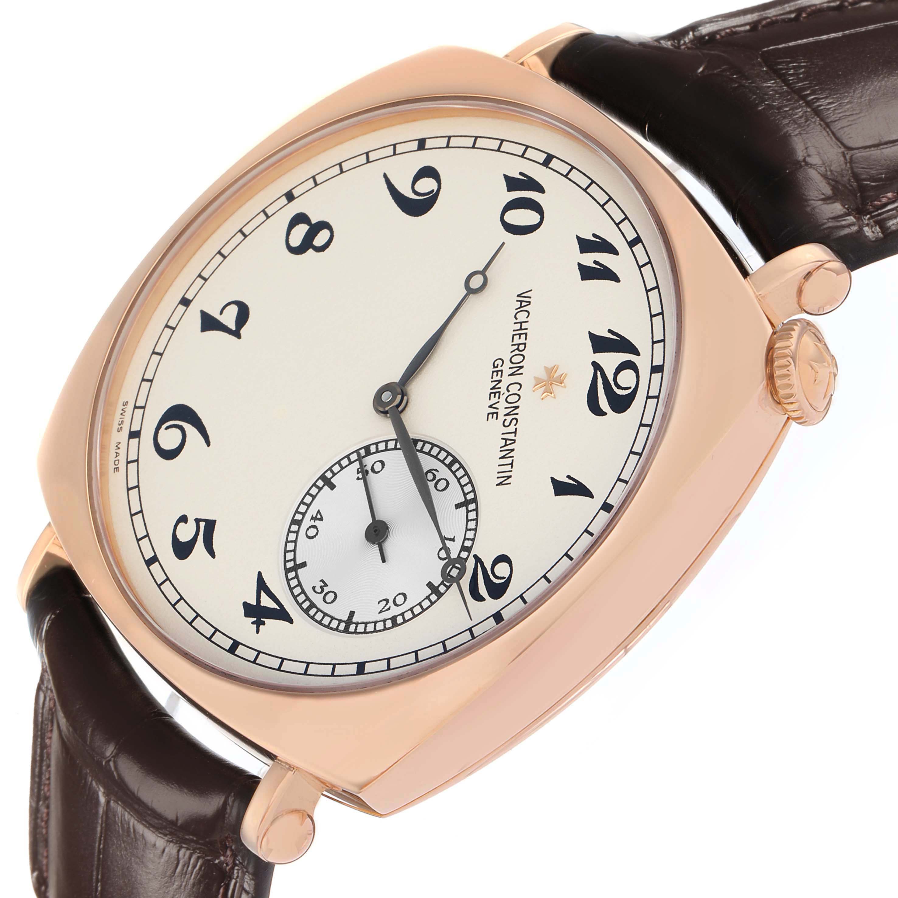 The Vacheron Constantin Historiques 82035 Men
s Rose Gold Silver Dial watch is shown at a tilted angle highlighting the dial, case, crown, and leather strap.