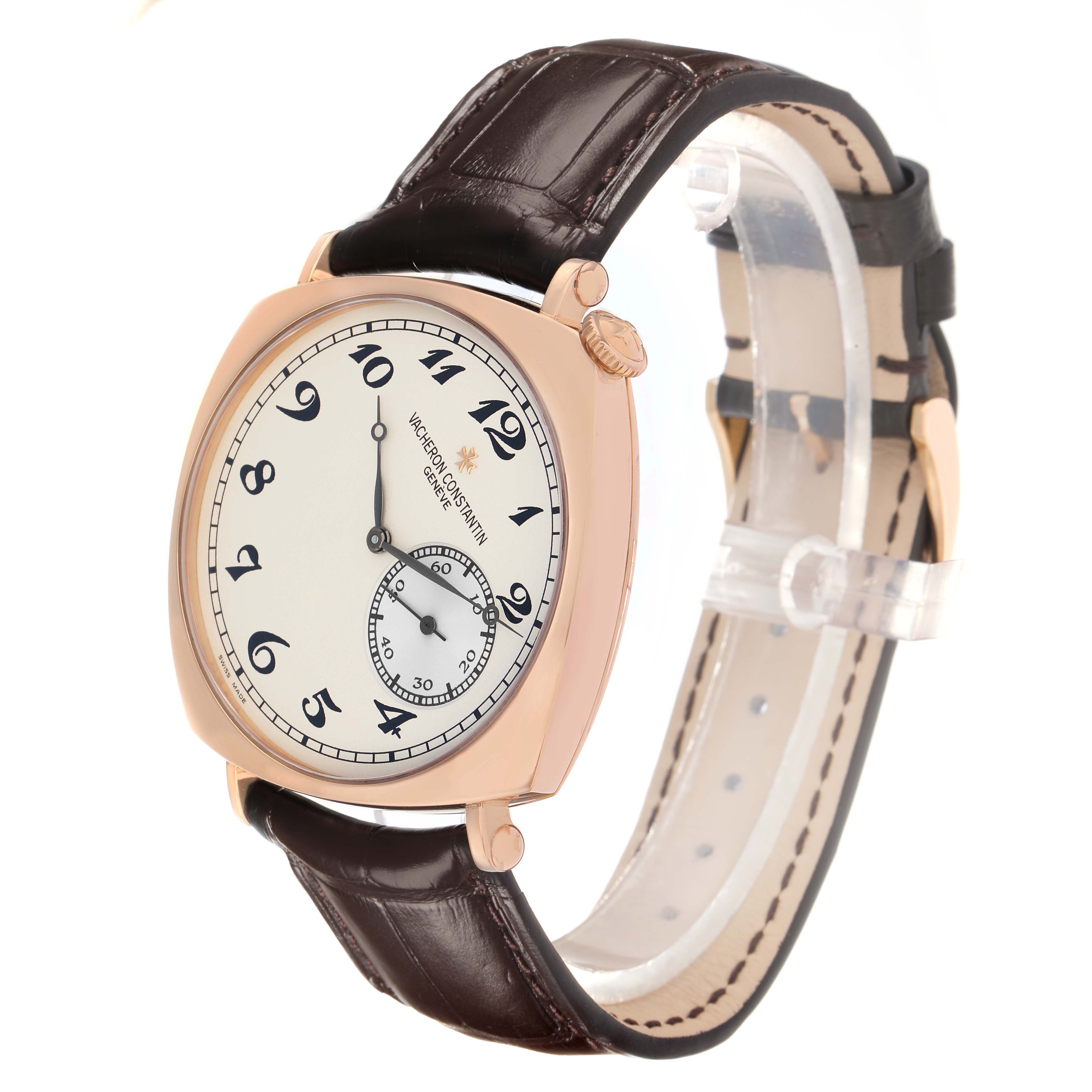 The Vacheron Constantin Historiques 82035 Men
s Rose Gold Silver Dial watch is shown at a slight angle, displaying its face, crown, and leather strap.