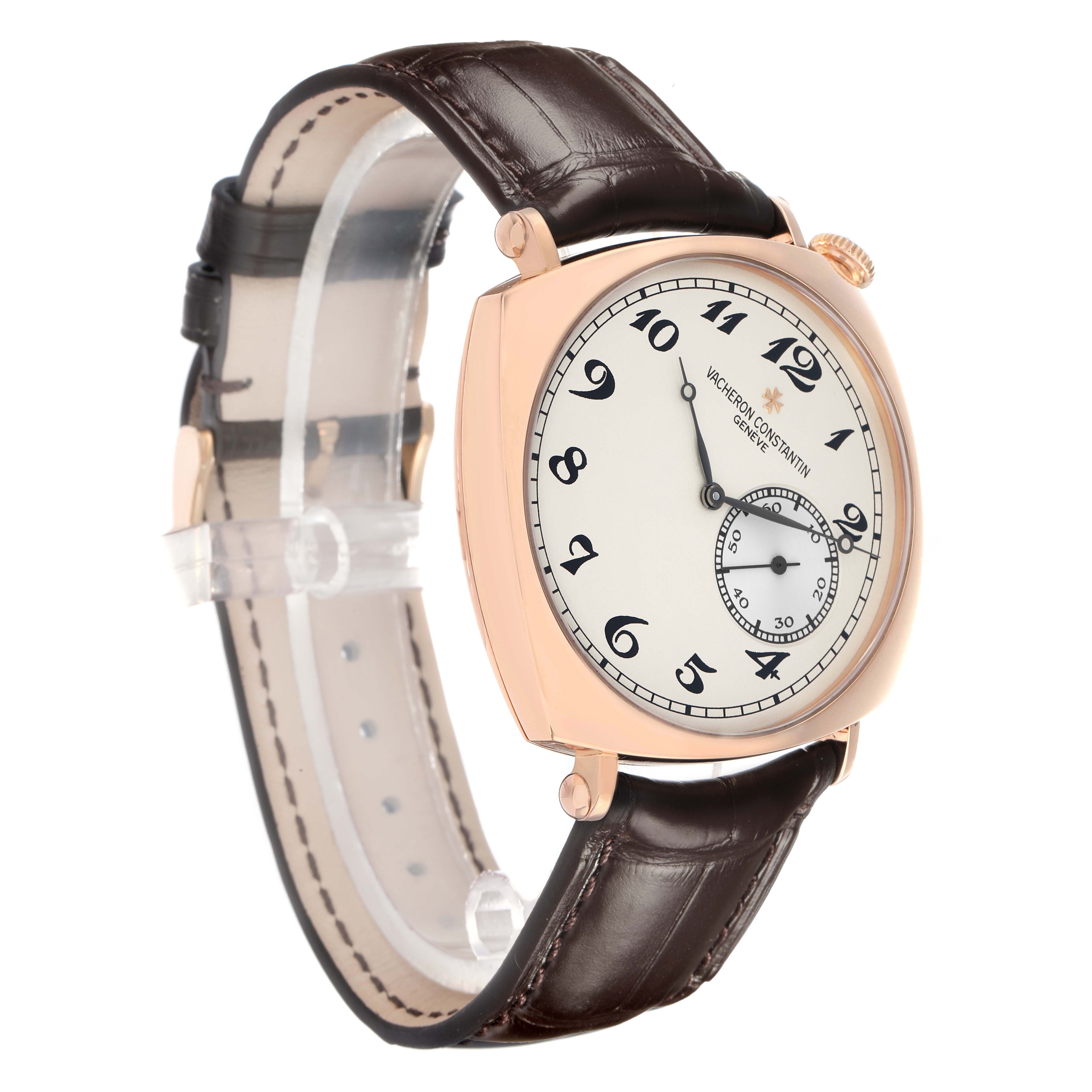 The Vacheron Constantin Historiques 82035 Men
s Rose Gold Silver Dial watch is shown at a three-quarter angle, displaying the dial, case, crown, and leather strap.