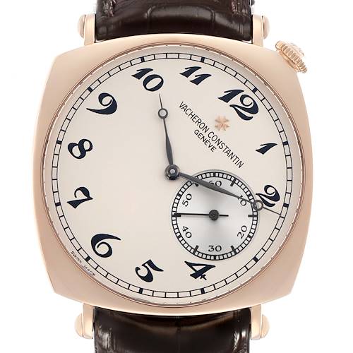 The Vacheron Constantin Historiques 82035 Men's Rose Gold Silver Dial model is shown from a front angle, highlighting the dial, hands, and crown.