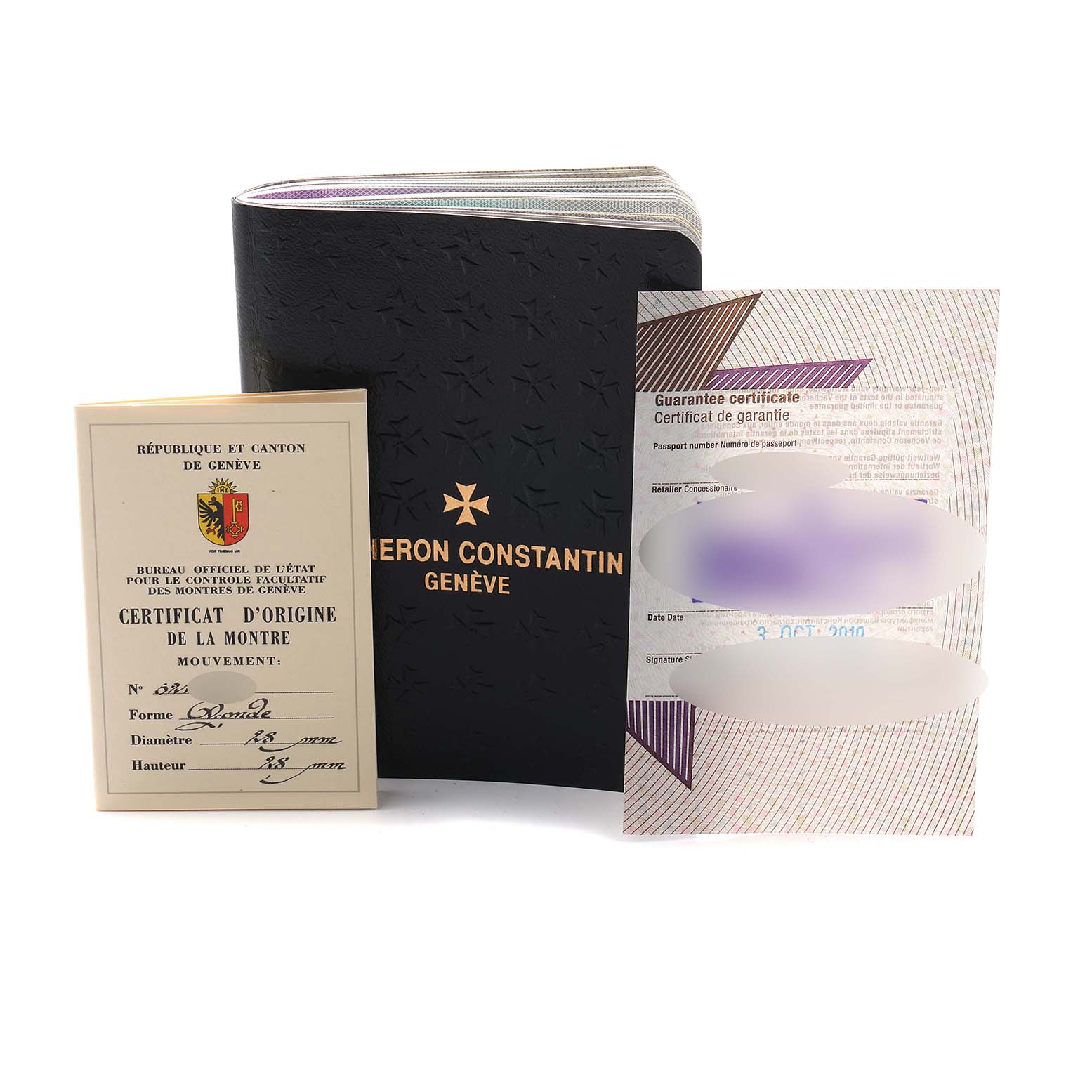 The image shows the certificates and booklet for the Vacheron Constantin Historiques 82035 Men
s Rose Gold Silver Dial model, including an origin and guarantee certificate.