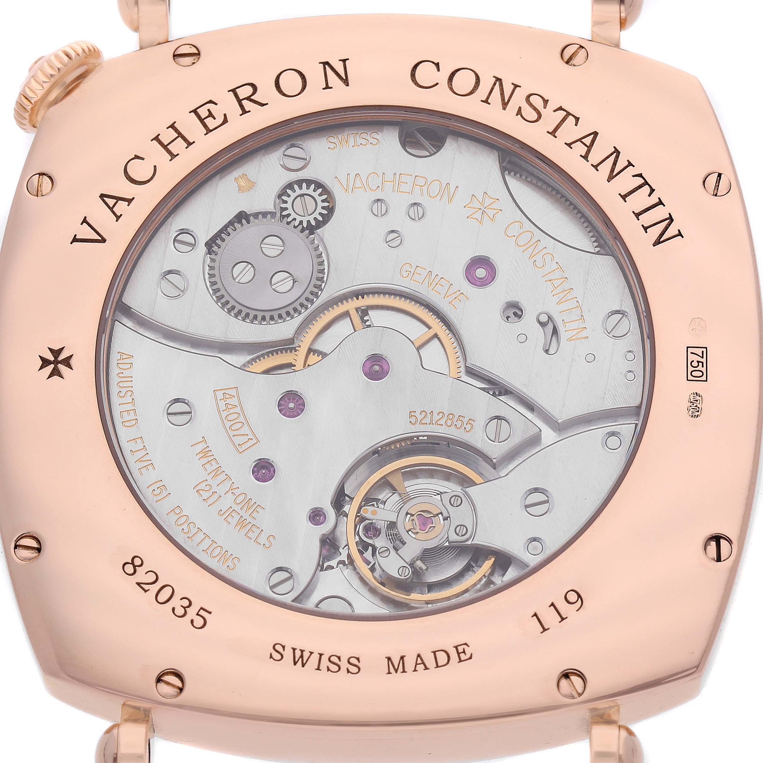 The image shows the back view of a Vacheron Constantin Historiques 82035 Men
s Rose Gold Silver Dial watch, highlighting its intricate mechanical movement.