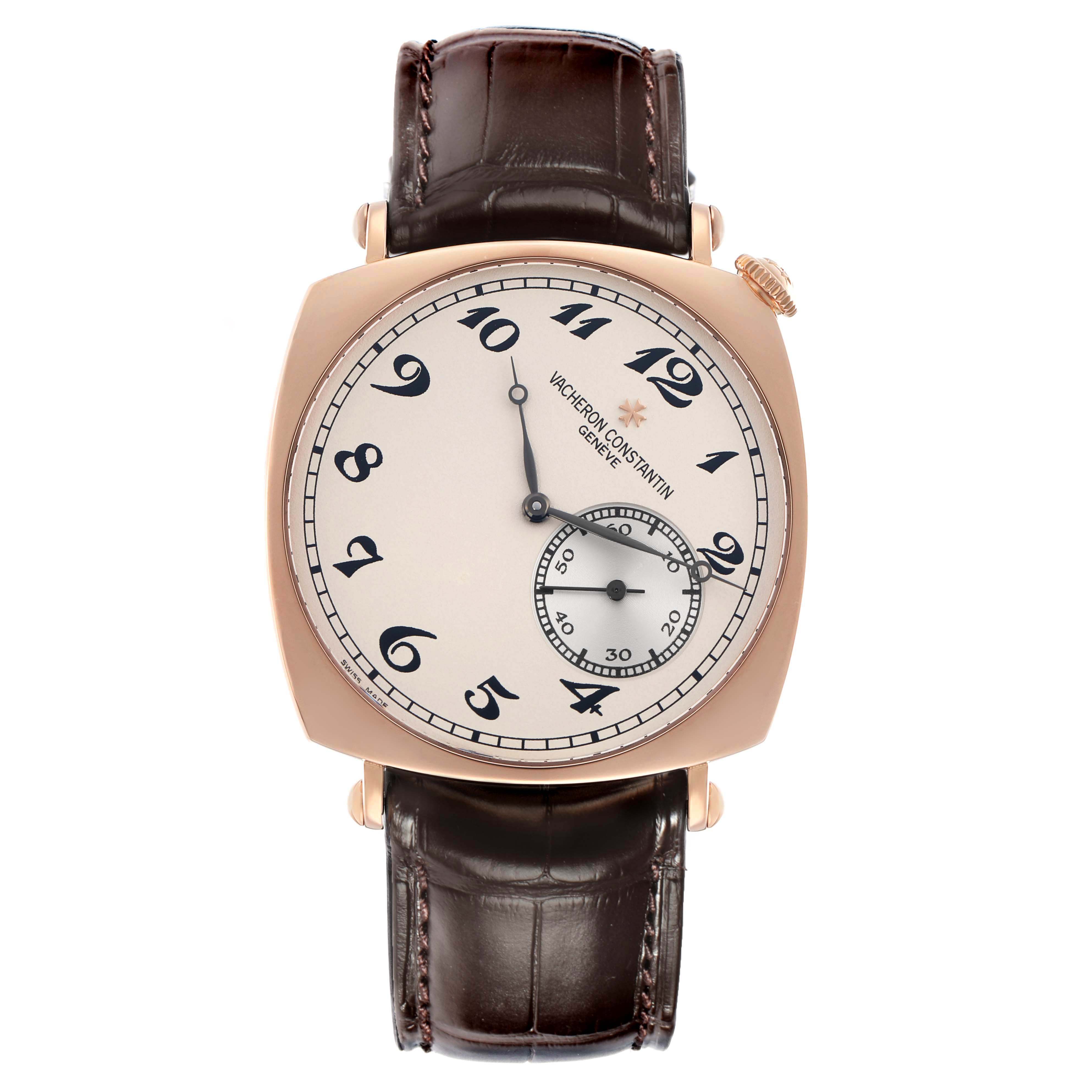 The image shows a frontal view of a Vacheron Constantin Historiques 82035 Men
s Rose Gold Silver Dial watch, highlighting the dial, strap, and crown.