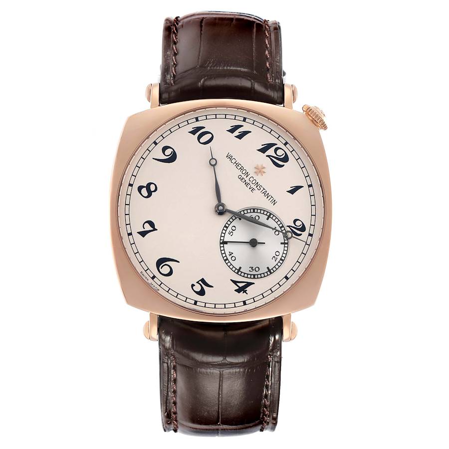 The image shows a frontal view of a Vacheron Constantin Historiques 82035 Men
s Rose Gold Silver Dial watch, highlighting the dial, strap, and crown.
