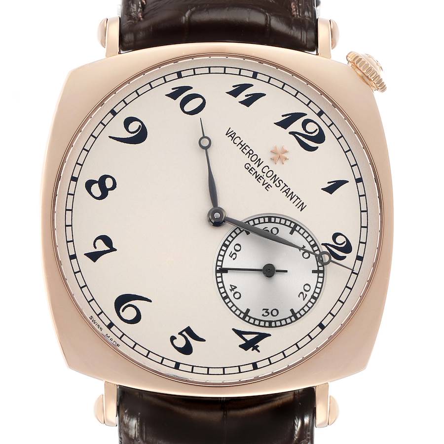 The Vacheron Constantin Historiques 82035 Men's Rose Gold Silver Dial watch is shown from a front view, featuring its dial, numerals, and central hands.