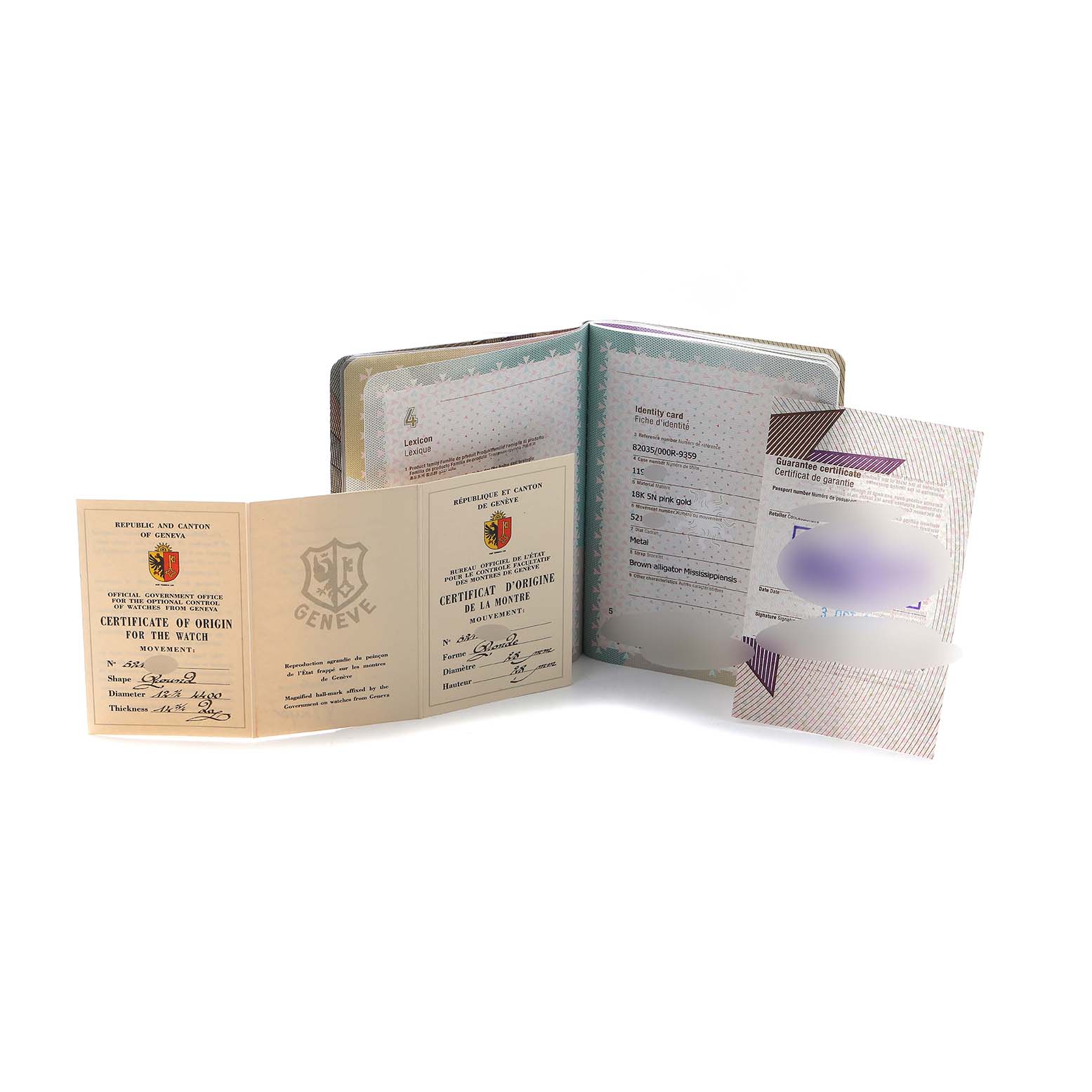 The image shows the certificates of Best Quality
ity and origin for a Historiques model by Vacheron Constantin, displayed at an angle.