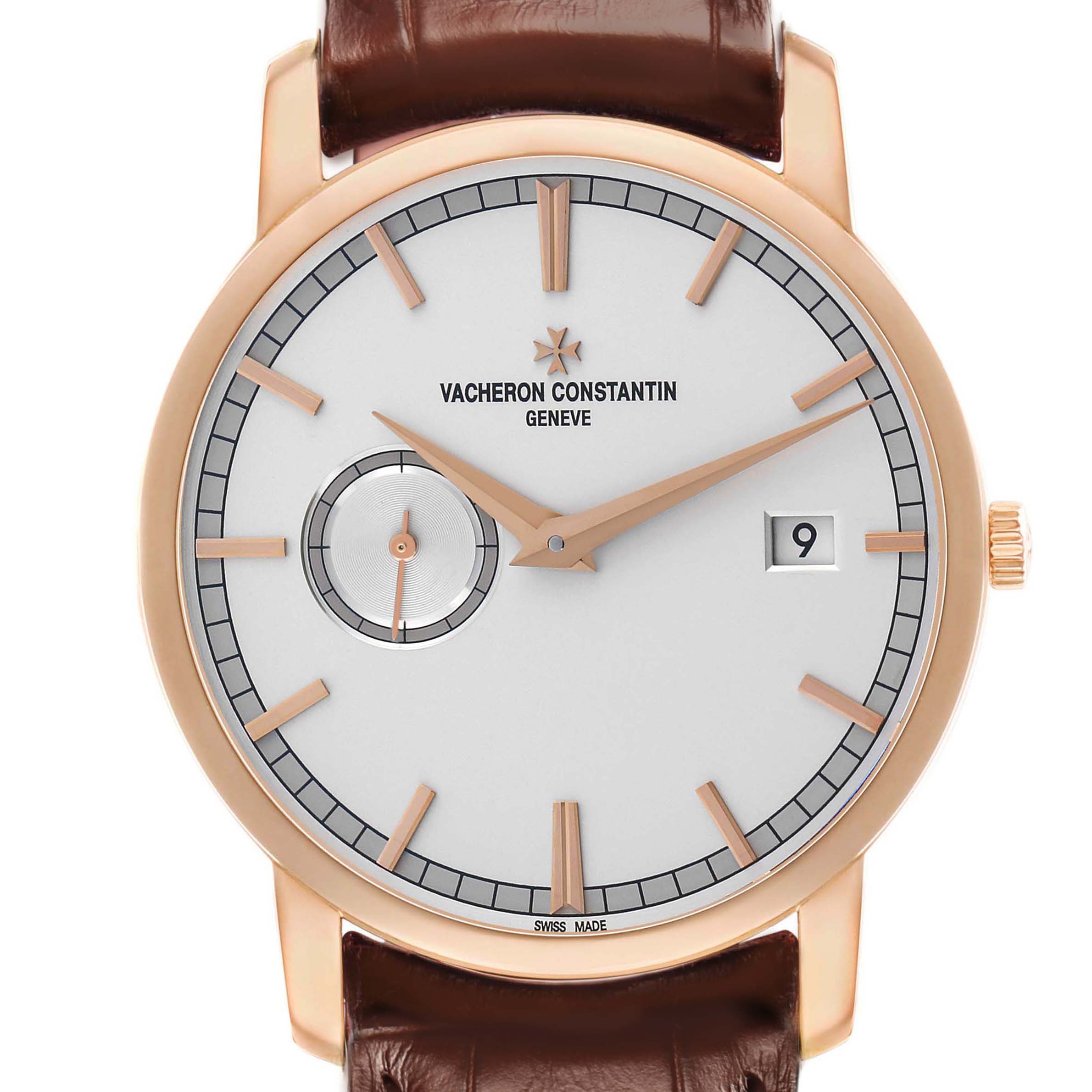 The image shows a Vacheron Constantin Traditionnelle 87172 Men
s Rose Gold Silver Dial watch face, dial, date window, and part of the strap from a front-view angle.