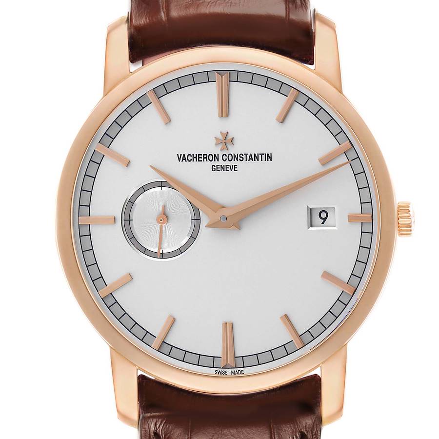 The image shows a Vacheron Constantin Traditionnelle 87172 Men
s Rose Gold Silver Dial watch face, dial, date window, and part of the strap from a front-view angle.