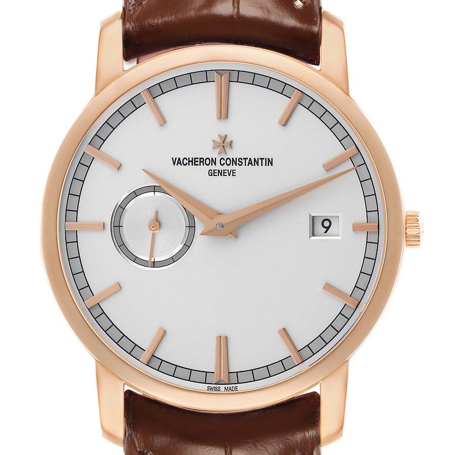The Vacheron Constantin Traditionnelle 87172 Men's Rose Gold Silver Dial watch is shown from the front, displaying the dial, hands, indices, and date window.