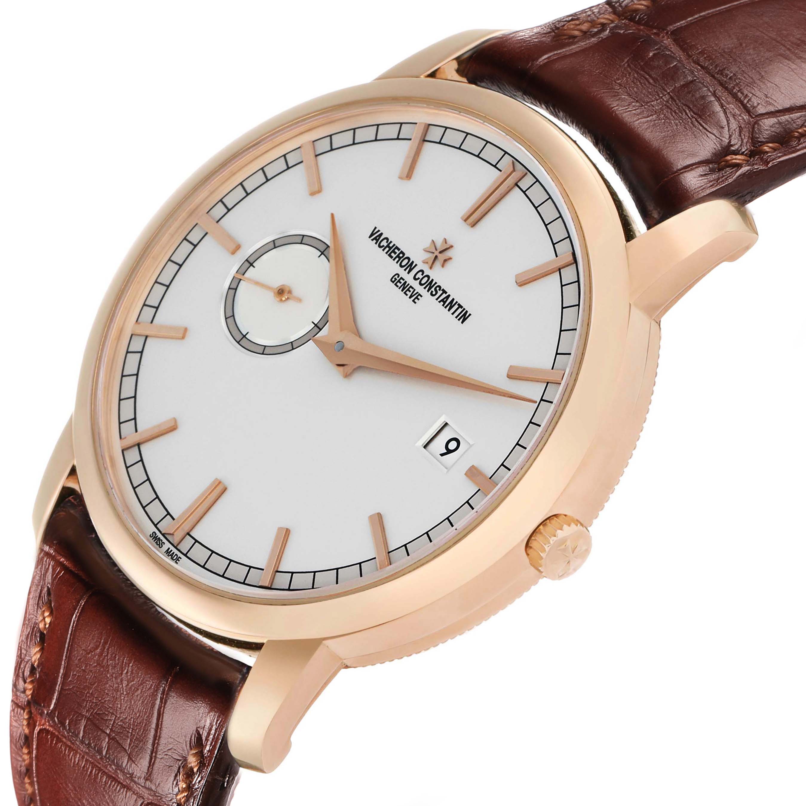 The Vacheron Constantin Traditionnelle 87172 Men
s Rose Gold Silver Dial watch is shown at a slight angle, highlighting the face, crown, and brown leather strap.