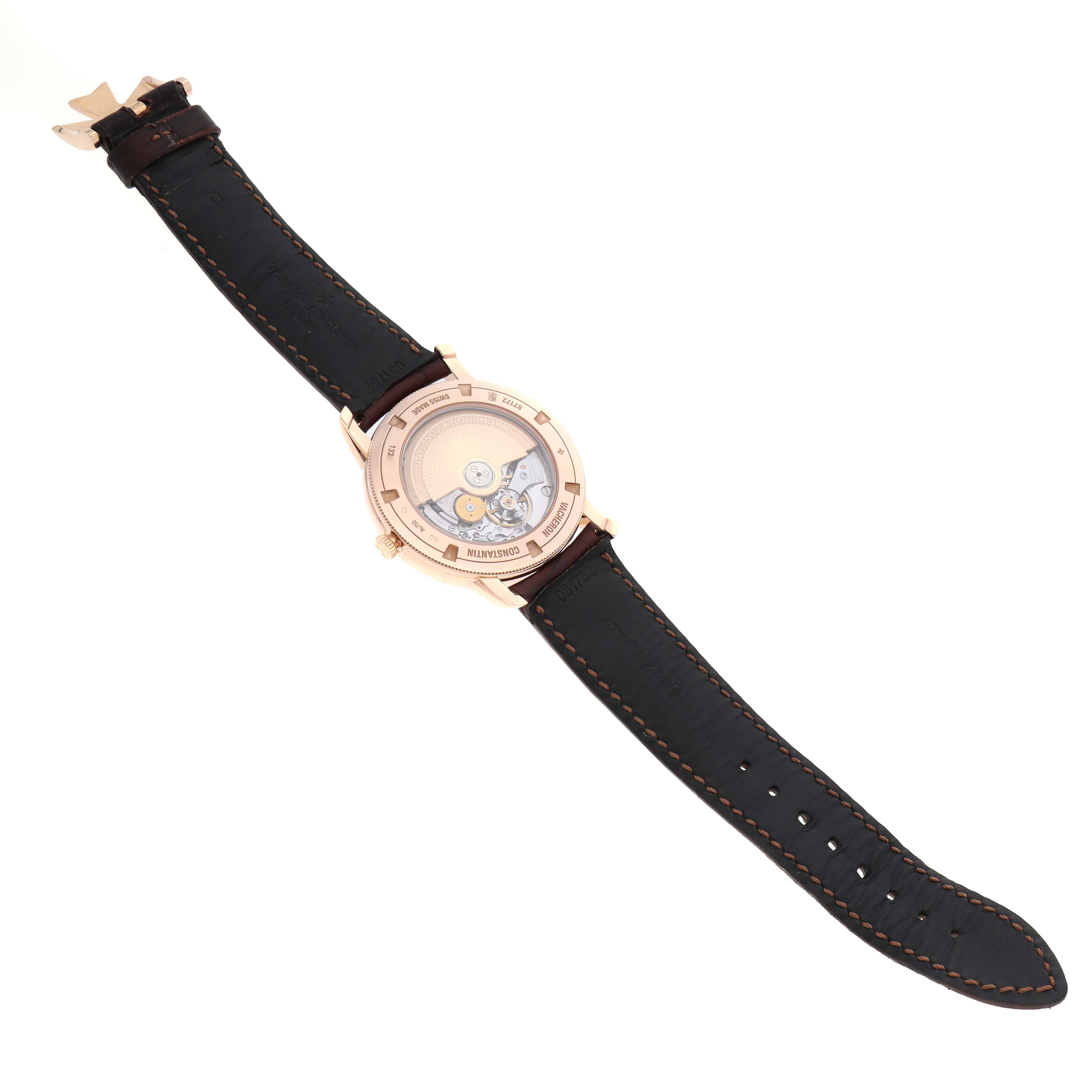 The image shows the back view of the Vacheron Constantin Traditionnelle 87172 Men
s Rose Gold Silver Dial watch, highlighting the mechanical movement and leather strap.