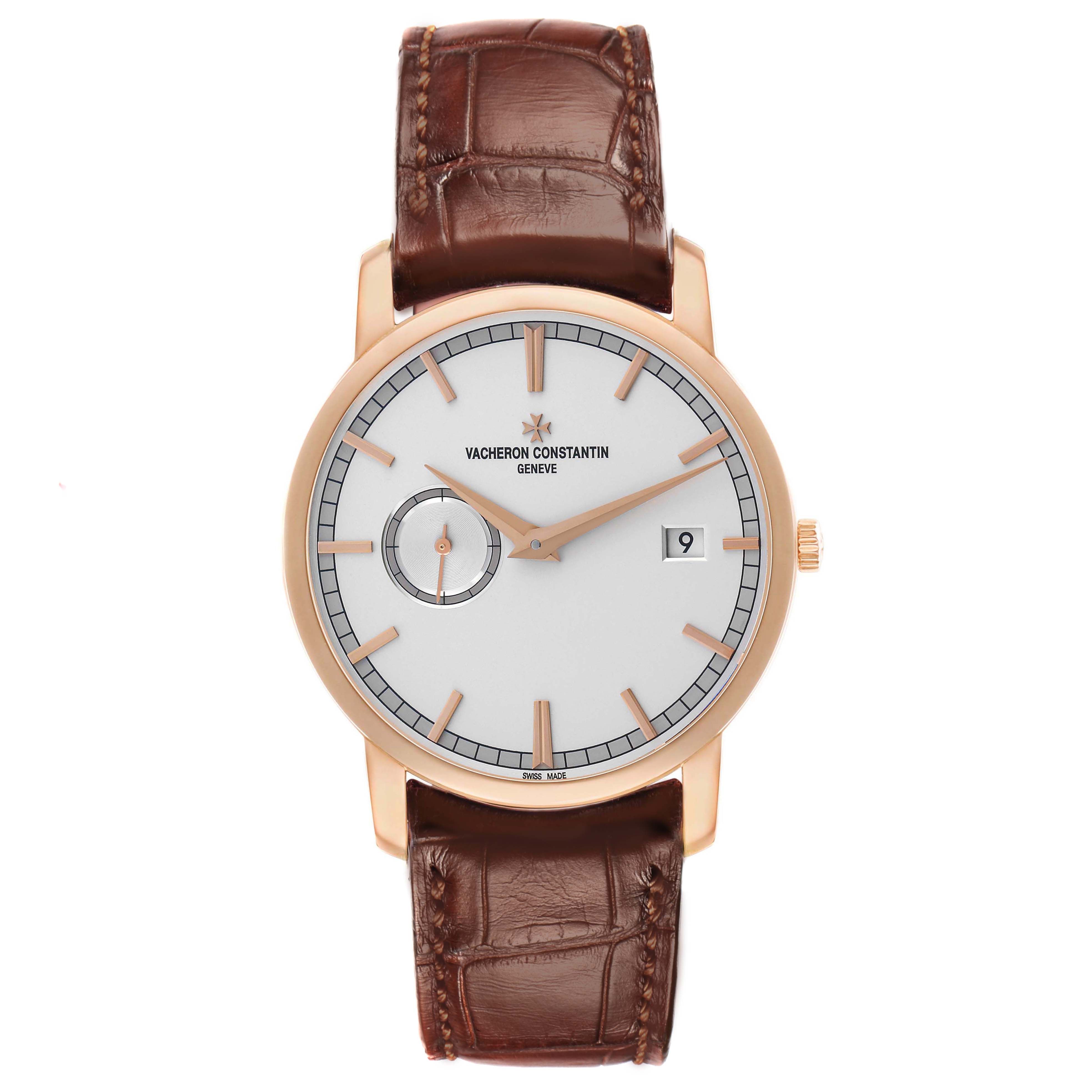 The Vacheron Constantin Traditionnelle 87172 Men
s Rose Gold Silver Dial watch is shown from the front, displaying the face, hands, hour markers, and a leather strap.
