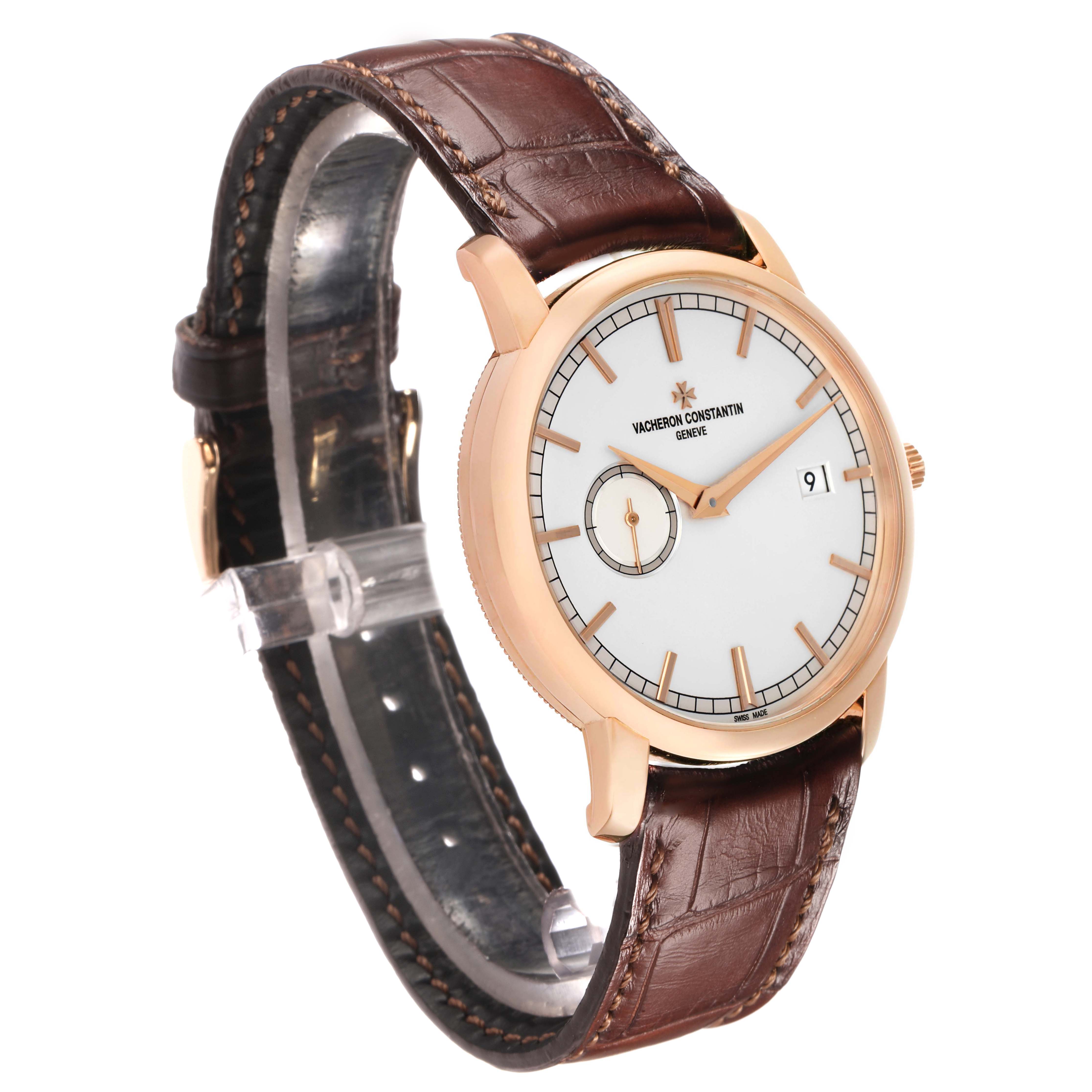 The Vacheron Constantin Traditionnelle 87172 Men
s Rose Gold Silver Dial watch is shown at a three-quarter angle, displaying the dial, case, and leather strap.